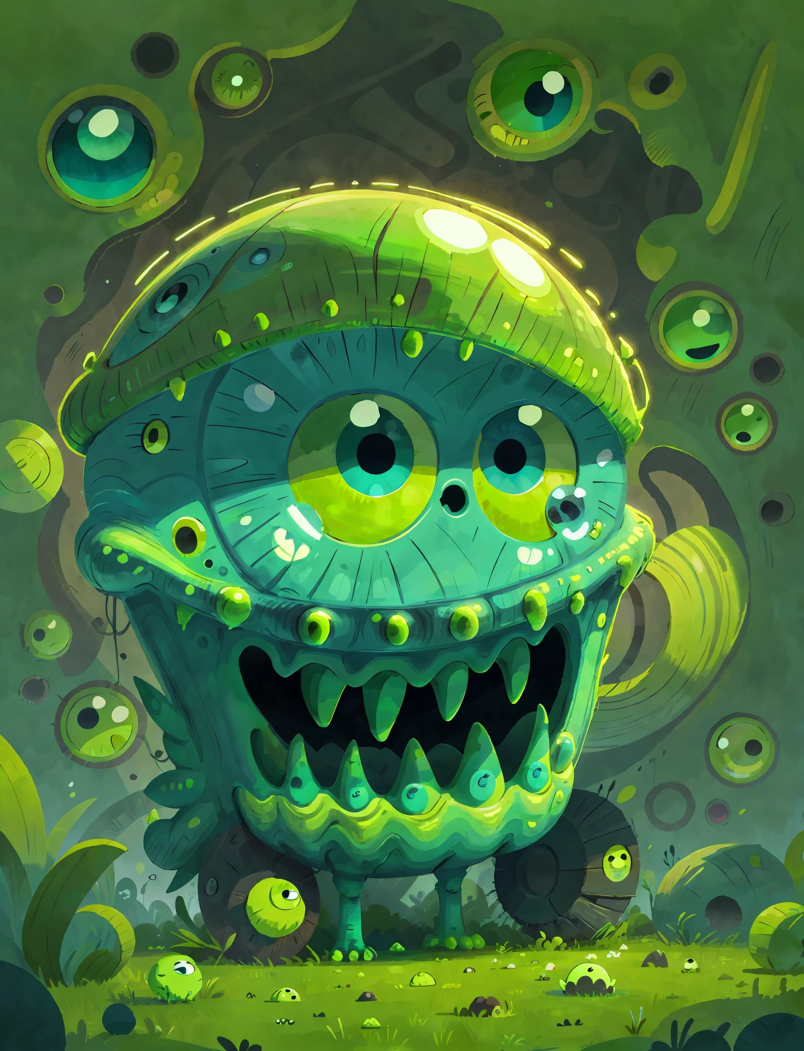 cartoon illustration of a green monster with a big blue eye, alien design, monster design, one - eyed monster, clean cel shaded vector art, full color digital illustration, green bulging eyes, large alien eyes, green big eyes, alien goo, sticker illustration, monster character design, 3rd eye, alien eyes, neon eyeballs, eyeball, sticker design