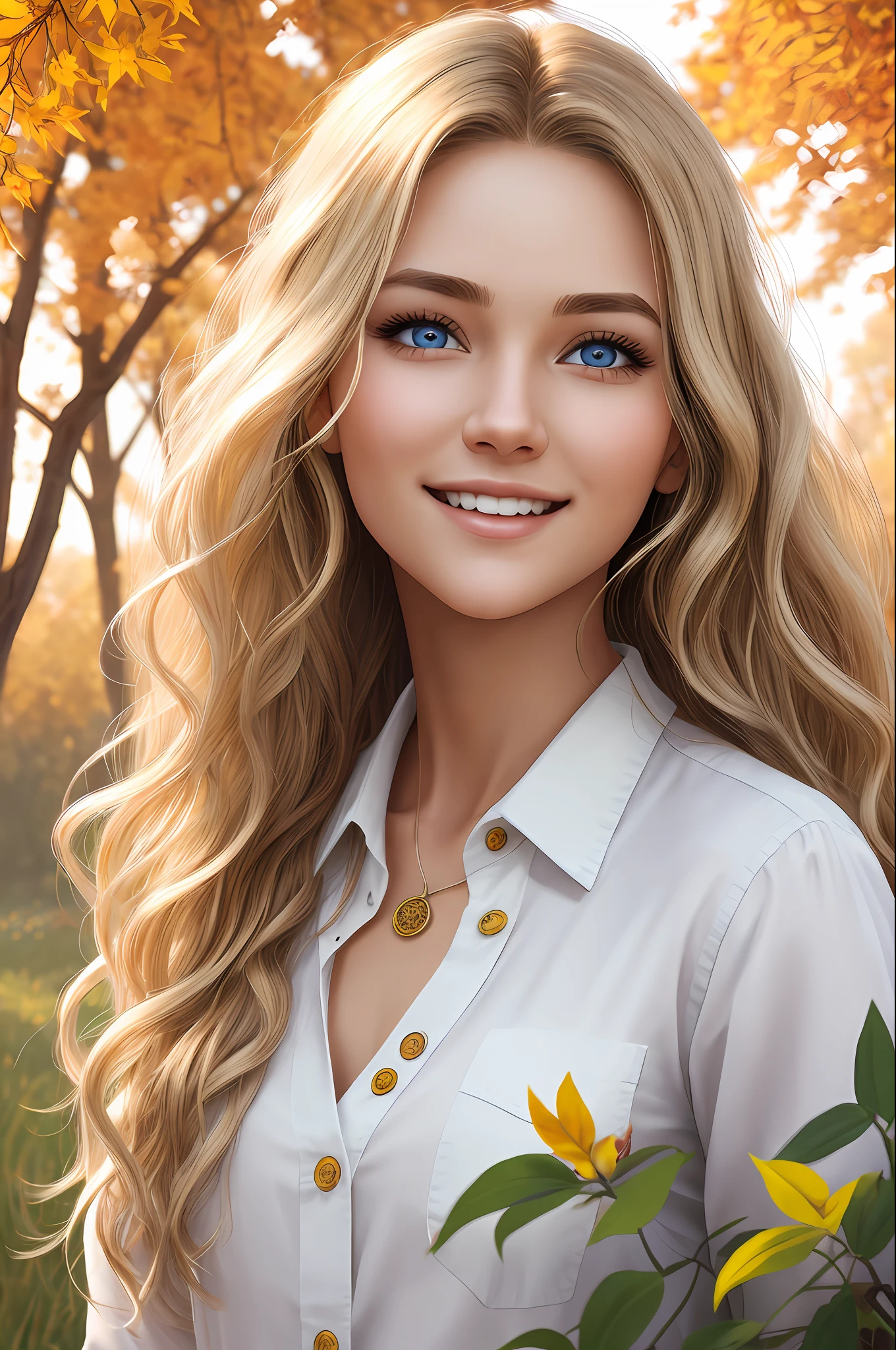 young woman, realistic 2d character, passionate about nature and plants, producer of natural oils, white with brown eyes and wavy hair, ultra realistic, various poses, masterpiece, best quality, intricate detail, sharp, perfect anatomy, finely detailed, noon, bright colors, add_detail, BREAK cute girl, detailed eyes, white shirt, long blonde hair, detailed trees, autumn, tall grass, (soil: 1.3), smiling BREAK Country town background