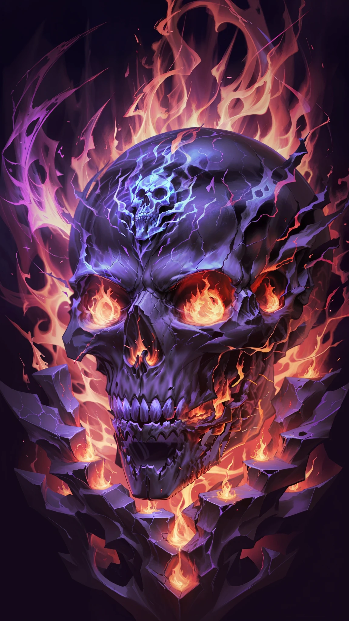 a close up of a skull with flames on it, fantasy skull, fiery skull contemplating life, flaming skull, adorned with demon skulls, detailed digital 2d fantasy art, background artwork, detailed cover artwork, dark but detailed digital art, highly detailed dark art, 8k high quality detailed art, sacred skull, detailed fantasy digital art, avatar image, detailed game art illustration