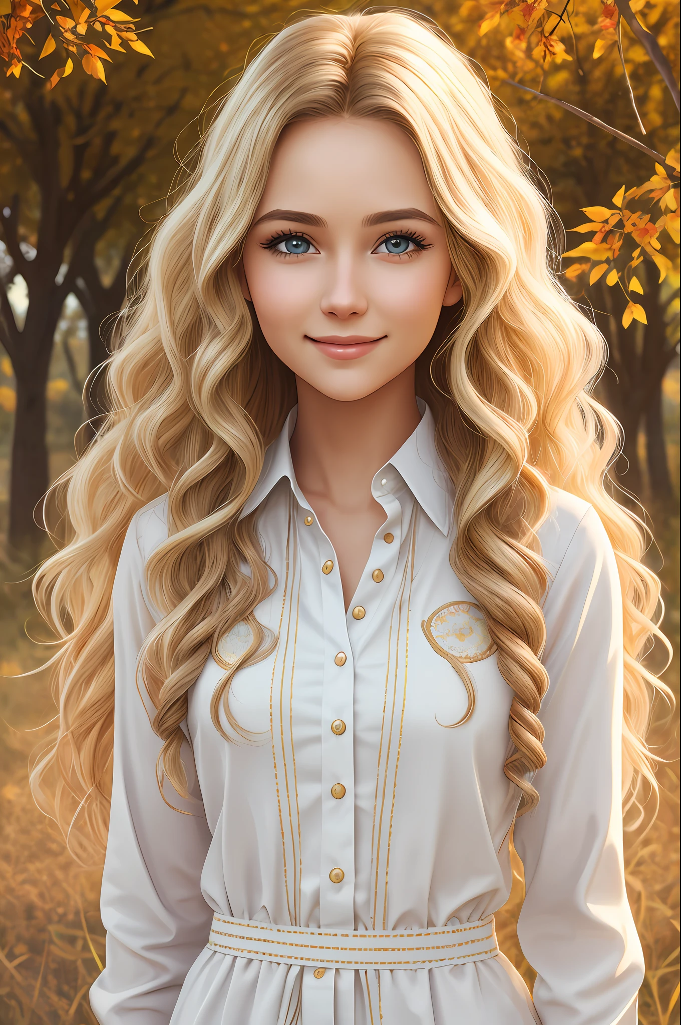 young woman, realistic 2d character, passionate about nature and plants, producer of natural oils, white with brown eyes and wavy hair, ultra realistic, various poses, masterpiece, best quality, intricate detail, sharp, perfect anatomy, finely detailed, noon, bright colors, add_detail, BREAK cute girl, detailed eyes, white shirt, long blonde hair, detailed trees, autumn, tall grass, (soil: 1.3), smiling BREAK Country town background