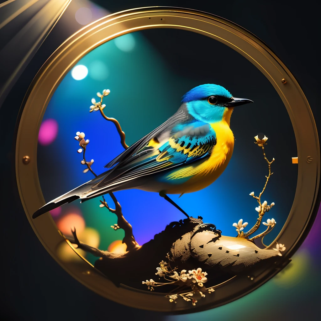 A bird with minimalist style, illuminated by a spotlight, captured by a vintage camera, using vibrant colors and glass materials, in small size, with a shallow depth of field, exceptional quality and a touch of elegance.