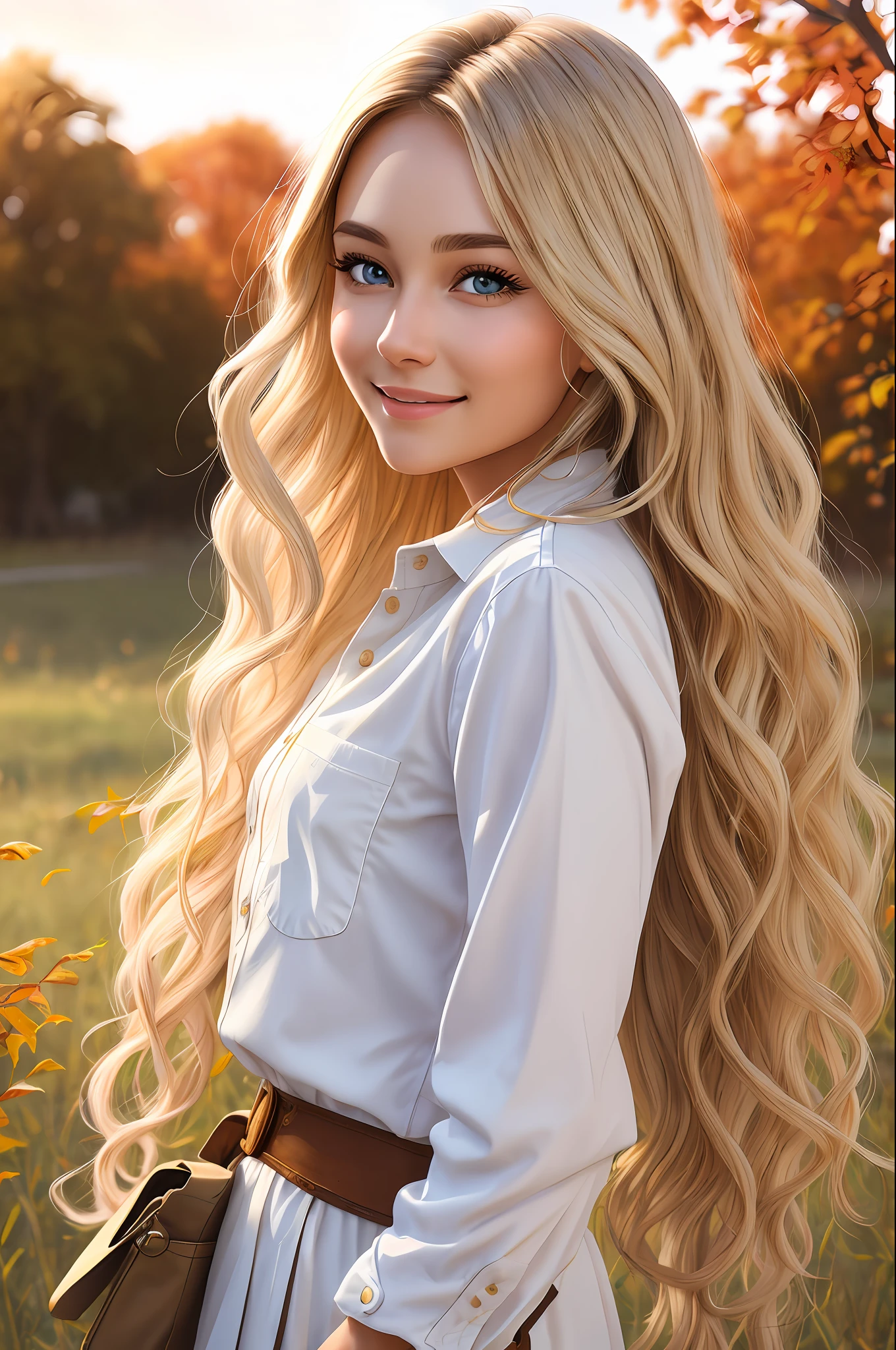 young woman, realistic 2d character, passionate about nature and plants, producer of natural oils, white with brown eyes and wavy hair, ultra realistic, various poses, masterpiece, best quality, intricate detail, sharp, perfect anatomy, finely detailed, noon, bright colors, add_detail, BREAK cute girl, detailed eyes, white shirt, long blonde hair, detailed trees, autumn, tall grass, (soil: 1.3), smiling BREAK Country town background