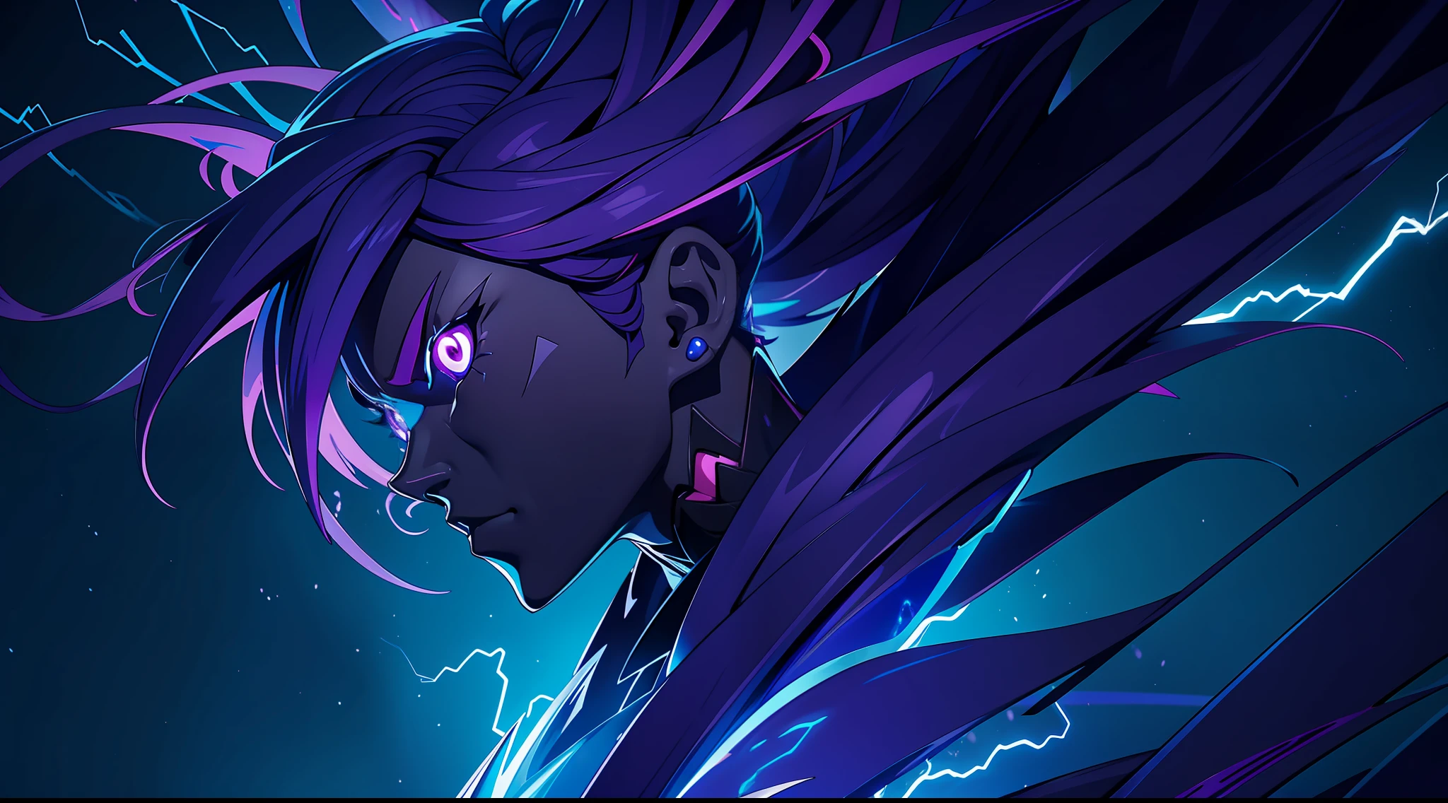 a close-up of a person with a purple and blue background full of lightning, glowing black aura, evil aura, 8k anime, an epic anime of a being with lightning powers, epic anime style, menacing aura, aura of darkness, evolving into his final form, glowing power aura, cosmic power glowing and flourishing, many lightning bolts surrounding the character