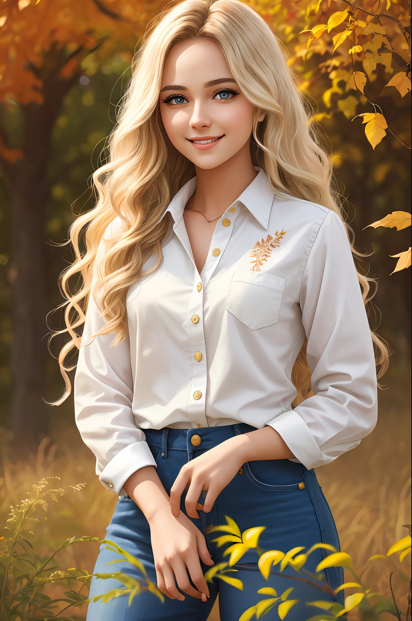 young woman, realistic 2d character, passionate about nature and plants, producer of natural oils, white with brown eyes and wavy hair, ultra realistic, various poses, masterpiece, best quality, intricate detail, sharp, perfect anatomy, finely detailed, noon, bright colors, add_detail, BREAK cute girl, detailed eyes, white shirt, long blonde hair, detailed trees, autumn, tall grass, (soil: 1.3), smiling BREAK Country town background