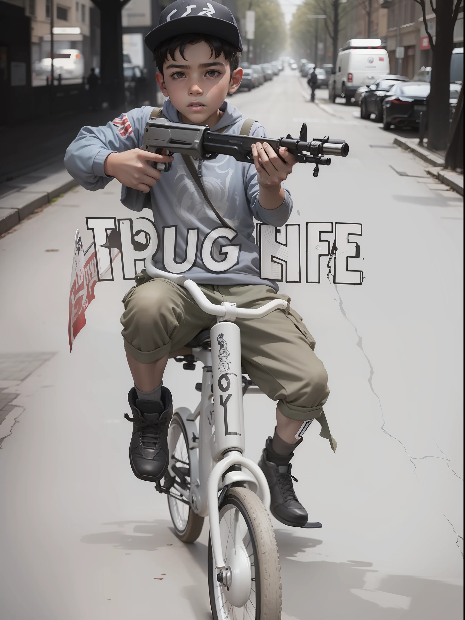 Boy with a shotgun, shotgun in his hands, riding a bicycle with street wear wheels --auto --s2