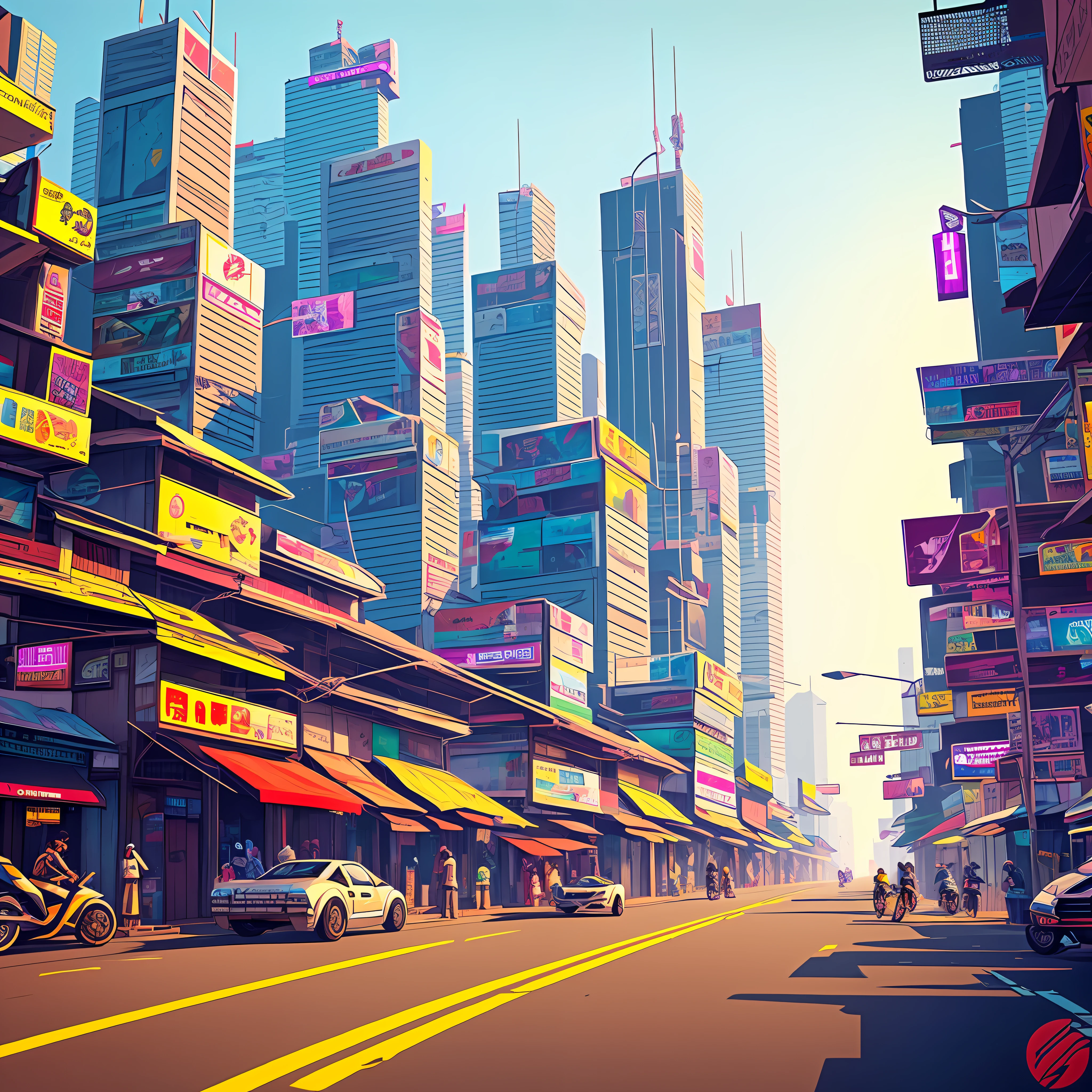 Yangon city,cyberpunk street, side view, 2D game style, pixel art style, cool vendors, roads and cars,over view