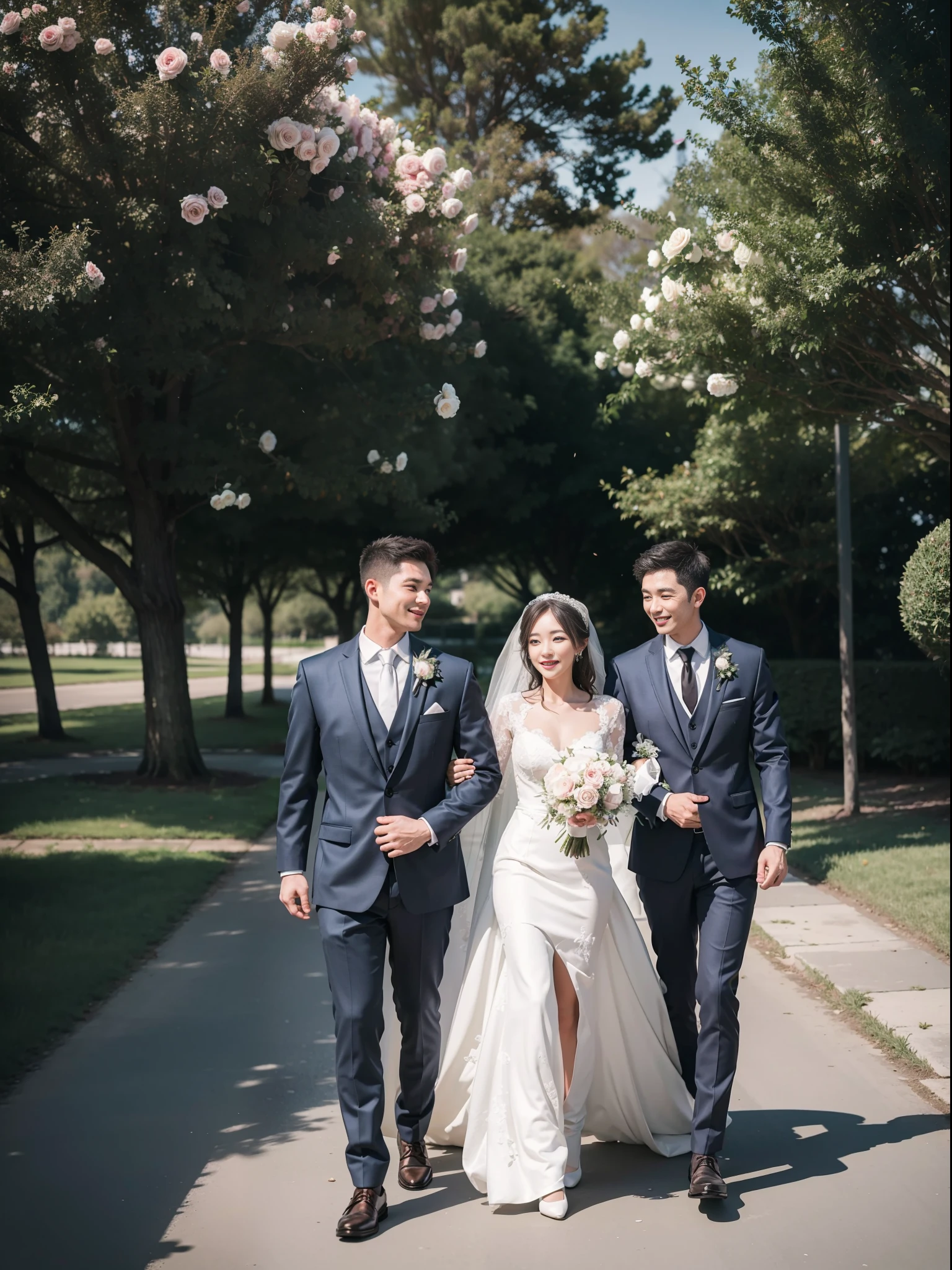 realistic, 8k, high quality, best quality, high detail photos, 1 couple, bride and groom, in wedding day outfit, bride holding bouquet, walking in the sun, both are happy, walking under the trees, surrounded by roses,