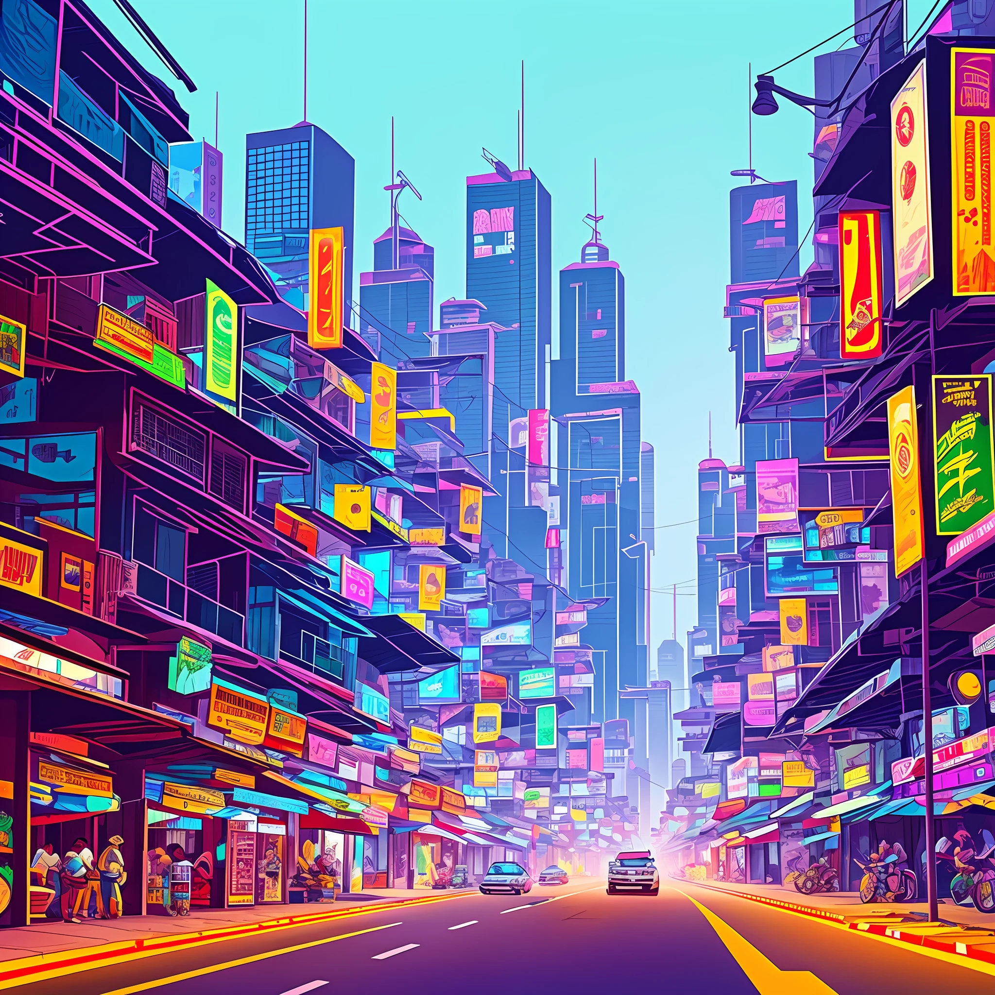 Yangon city,cyberpunk street, side view, 2D game style, pixel art style, cool vendors, roads and cars,over view