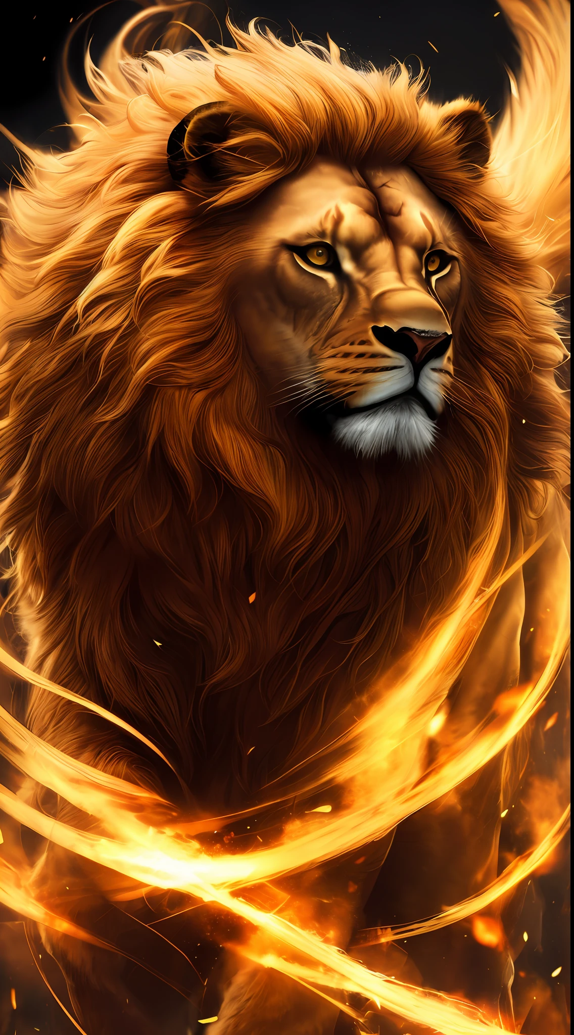 Ultra wide angle, focus, dark epic background, gorgeous realistic, moody golden fur design, dynamic pose of the lion, full body and full body, full length lens, hyper detail, lighting art, cinematic, crazy detail, intricate detail, hyper detail, gothic, fractal, dark shot