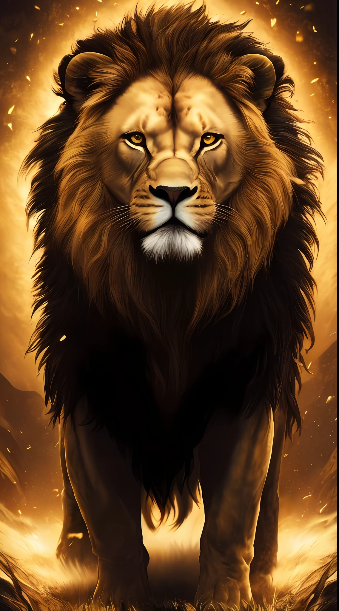 Ultra wide angle, focus, dark epic background, gorgeous realistic, moody golden fur design, dynamic pose of the lion, full body and full body, full length lens, hyper detail, lighting art, cinematic, crazy detail, intricate detail, hyper detail, gothic, fractal, dark shot