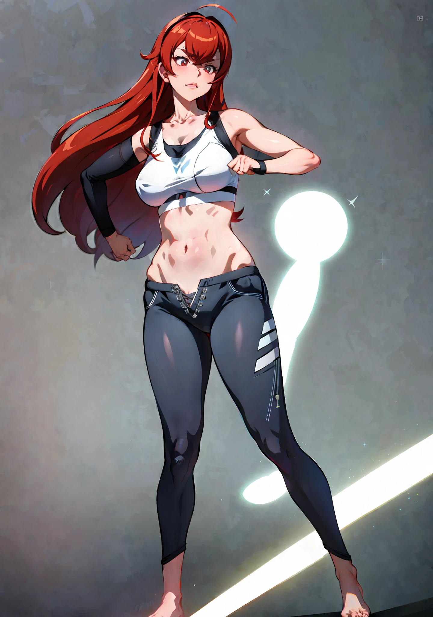 Eris Boreas Greyrat in calvin klein clothing, Eris Boreas Greyrat by Mushoku Tensei, Eris Boreas Greyrat, Eris Adult, costume: calvin klein clothing, sportswear, leggings, sports bra, hollandic angle, full body,seductive anime girl, Joy Ride art style, fit body, gynoid body, perfect body, large breasts, Ilya Kuvshinov, Anime Moe Artstyle, gym, pants, fl4r3, pawgfc, fashion photoshoot, long red hair,