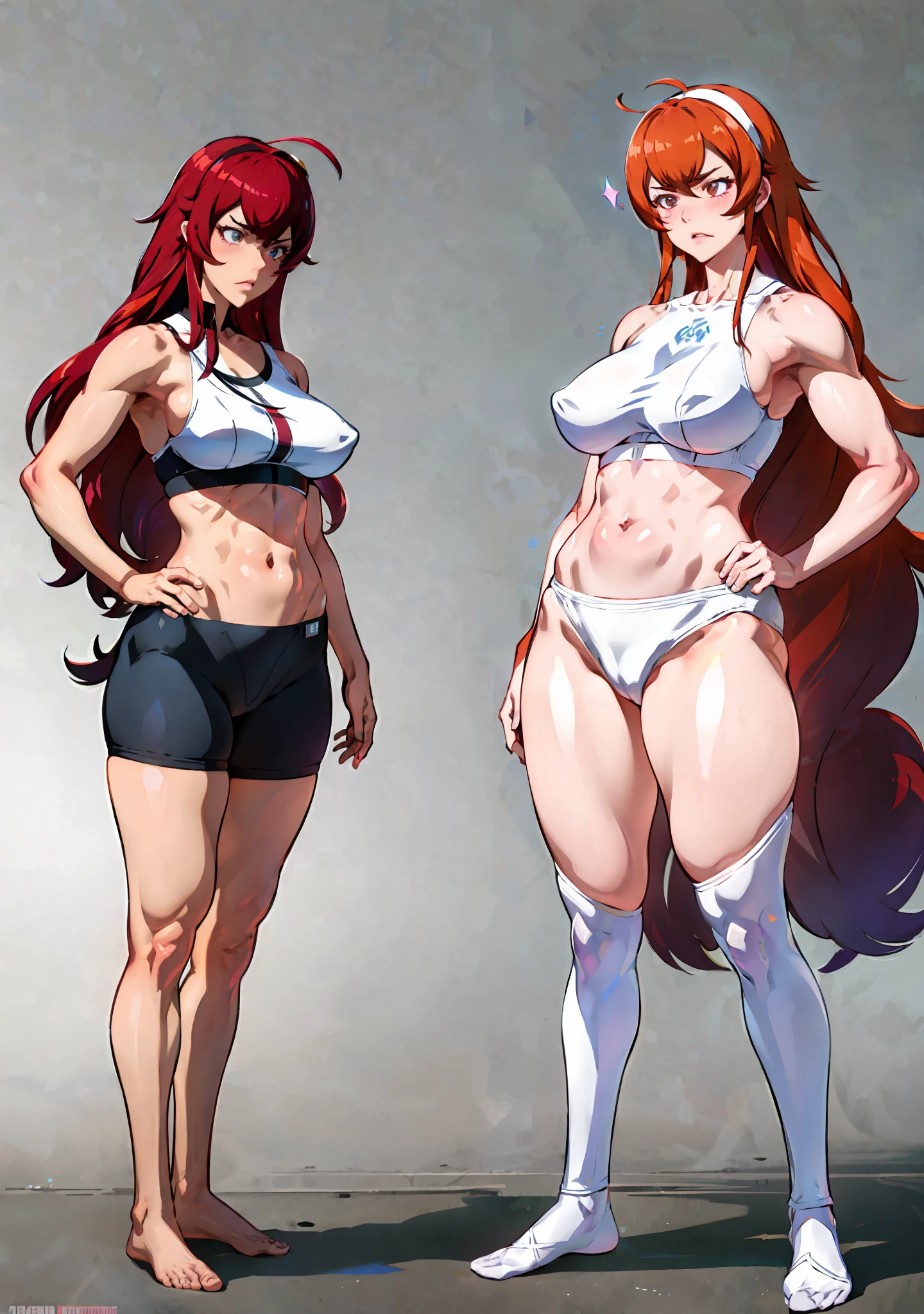 Eris Boreas Greyrat in calvin klein clothing, Eris Boreas Greyrat by Mushoku Tensei, Eris Boreas Greyrat, Eris Adult, costume: calvin klein clothing, sportswear, leggings, sports bra, hollandic angle, full body,seductive anime girl, Joy Ride art style, fit body, gynoid body, perfect body, large breasts, Ilya Kuvshinov, Anime Moe Artstyle, gym, pants, fl4r3, pawgfc, fashion photoshoot, long red hair,