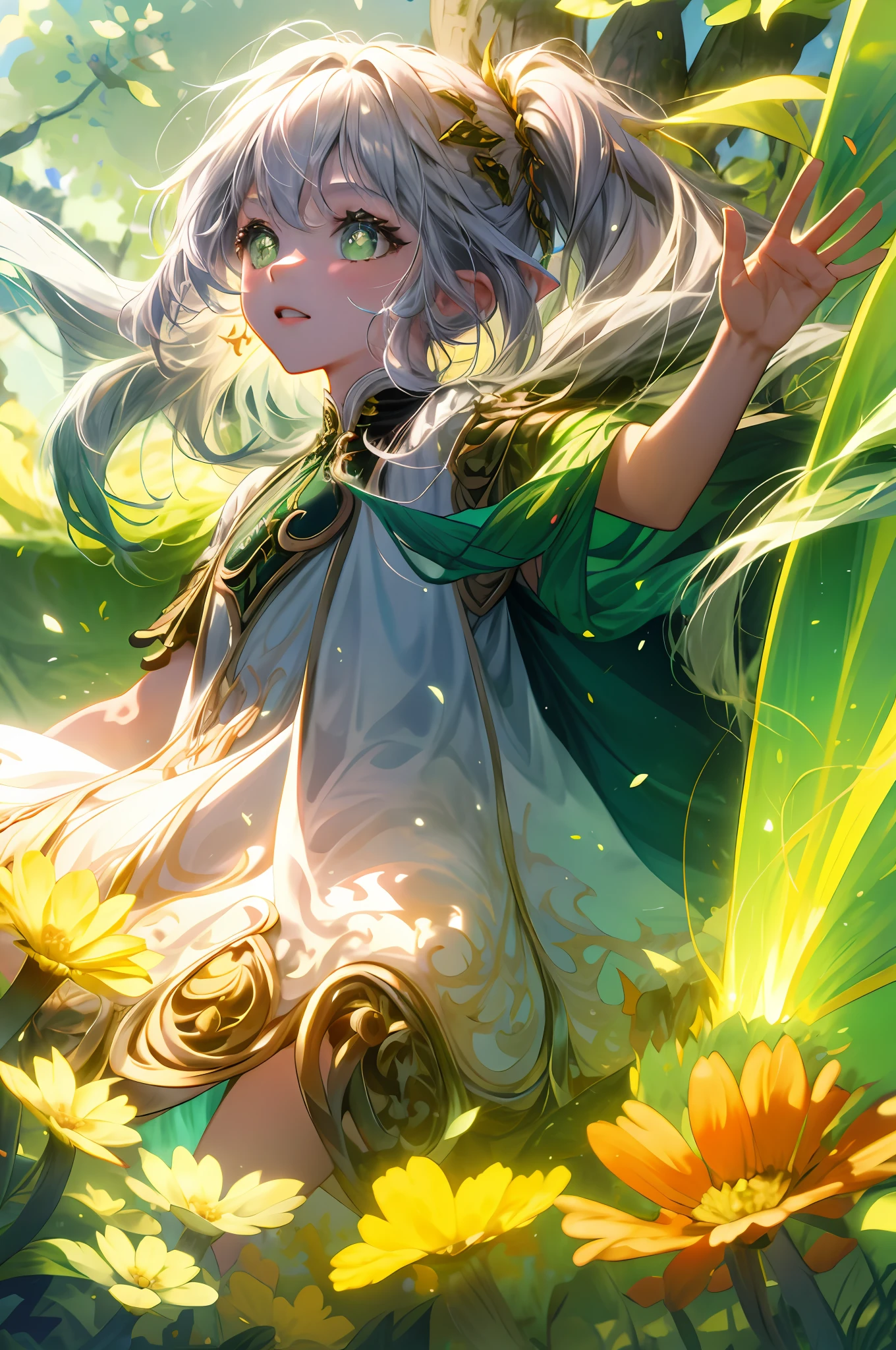 (flat color:0.9),(colorful:1.1),(masterpiece:1,2), best quality, masterpiece, highres, original, extremely detailed wallpaper,1girl,solo, young child girl, long light grey hair, white dress with golden embroidery, green and gold elements, glowing, flowing hair, fullbody, floating in the air in the middle of the forest, magic fantasy forest, glowing flowers and mushrooms, sunny day, sunny light, rays of light, dynamic lighting, cinematic shot