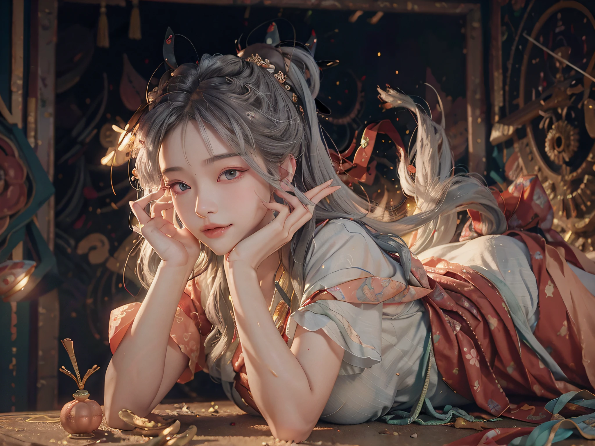 (RAW Photo, Best Quality), (Realistic, Photorealistic Real: 1.3), Best Quality, Highly Detailed, Masterpiece, Ultra Detailed, Illustration, 1 Girl, upper_body, Dynamic Angle, World Mastery Theater, messy_long_hair, Best Quality, Extremely Detailed CG Uniform 8k Wallpaper, Ink, Amazing, Sexy, Peach Blossom Eyes, Gray Hair, Smile, Movie Lights, lens_flare, dunhuang_style