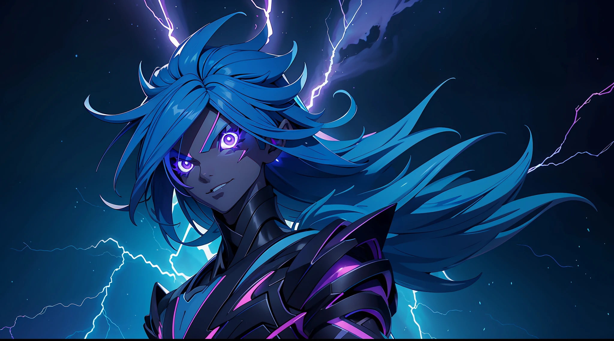 a close-up of a person with a purple and blue background full of lightning, glowing black aura, evil aura, 8k anime, an epic anime of a being with lightning powers, epic anime style, menacing aura, aura of darkness, evolving into his final form, glowing power aura, cosmic power glowing and flourishing, many lightning bolts surrounding the character