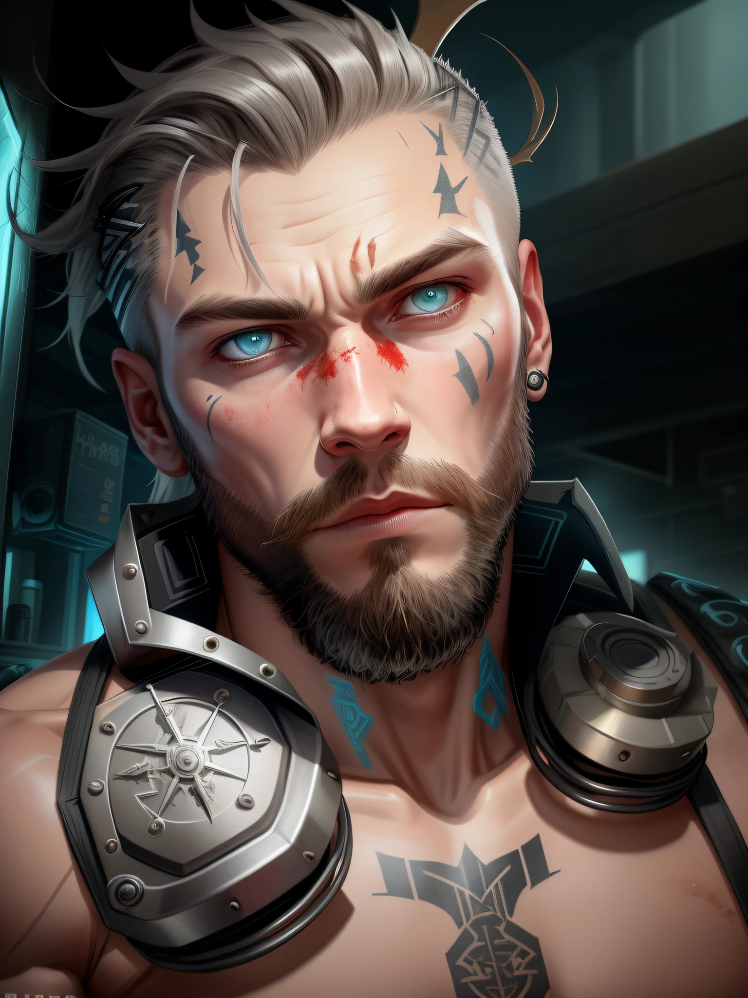 A cybernetic viking man in the range of 27 years old, barbaric muscular stereotype, with Viking wolf fur coat (Viking mechanical parts: 1.5), fighting, gloomy bright eyes, short hair, tight supersuit torn, in a destroyed city, smoke and fire, aura of brilliant power, dynamic pose, dynamic vision, hyper detailed, 8k quality, with tattoo on the arm,  Clock of thorns in the chest and in the headset, merge images, hyper realism. Enjoy original photo base, mechanical and human bust with Viking coat of arms thorns. With gray goatee and gray hair, blood dripping down his face.