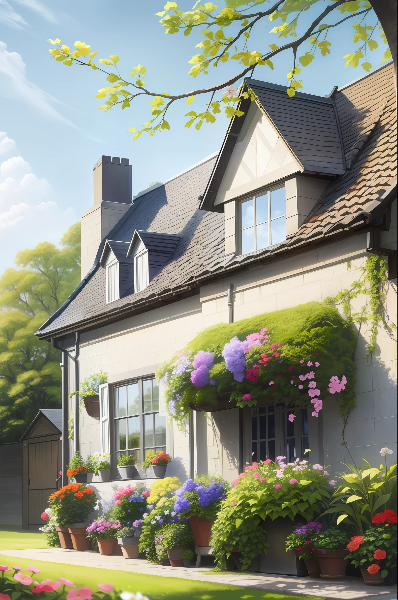 Ultra-detailed, high-quality, British house, with leaves and flowers hanging from the roof, aesthetic house, oil painting, masterpiece, village, white house