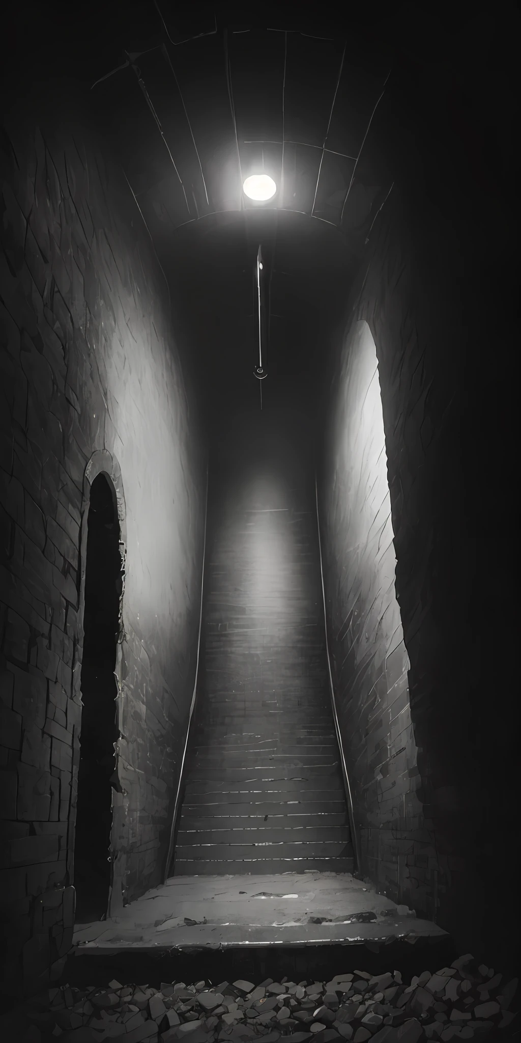Mysterious, eerie, black gray, gloomy, inside underground tunnels, stairs,