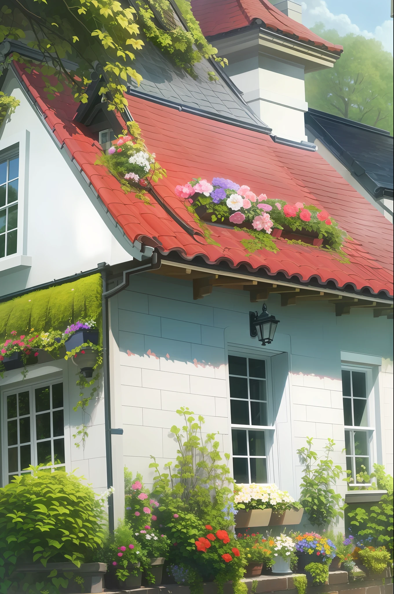 Ultra-detailed, high-quality, British house, with leaves and flowers hanging from the roof, aesthetic house, oil painting, masterpiece, village, white house