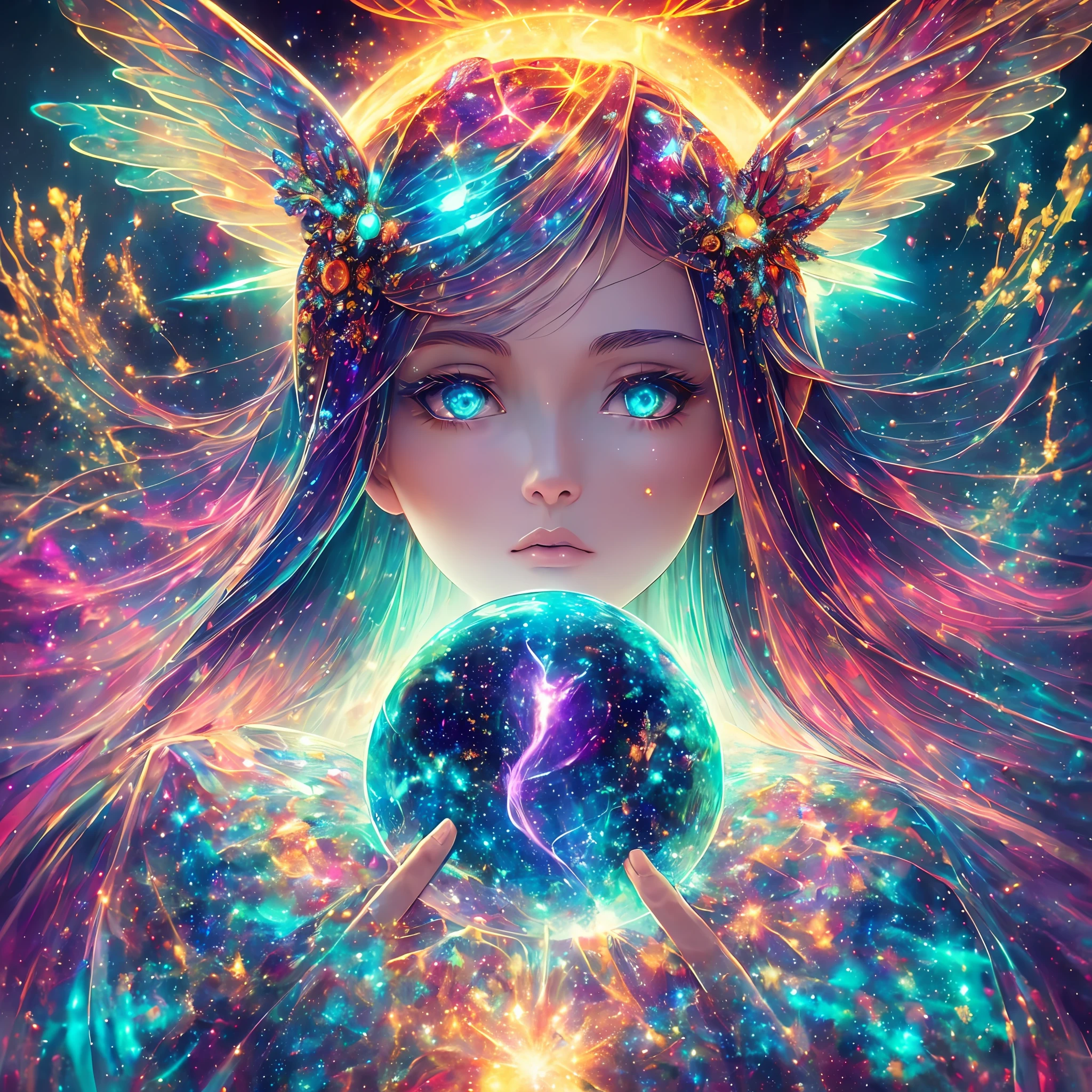 ((best quality)), ((masterpiece)), ((realistic)), portrait, 1girl, celestial, deity, goddess, light particles, halo, looking at viewer, (bioluminescent:0.95) flame, bioluminescence, phoenix, Vibrant, Colorful, Color, (Glow, Glow), (Beautiful Composition), Cinematic Lights, Intricate, (Symmetry: 0.5), Whimsical, Alien Planet --auto --s2