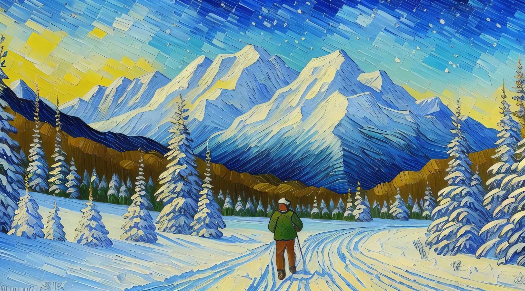 Winter, forest, majestic, snow-capped mountains, fine details, reproduction of Van Gogh style, oil painting, HD --auto --s2