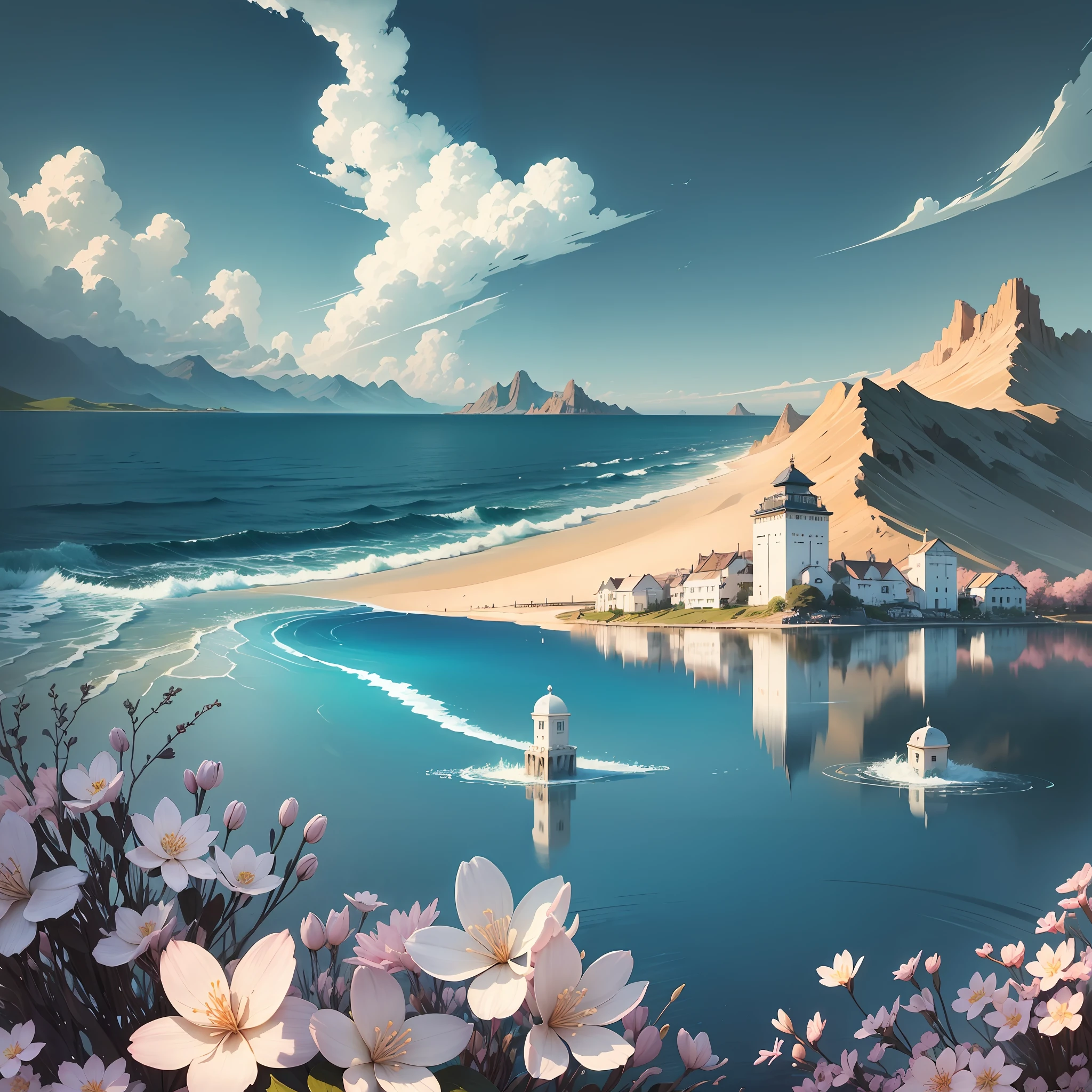 Masterpiece, ultra-clear details, epic, facing the sea, spring blossoms, islands looming on the sea in the distance, two-dimensional illustration flat style --auto --s2