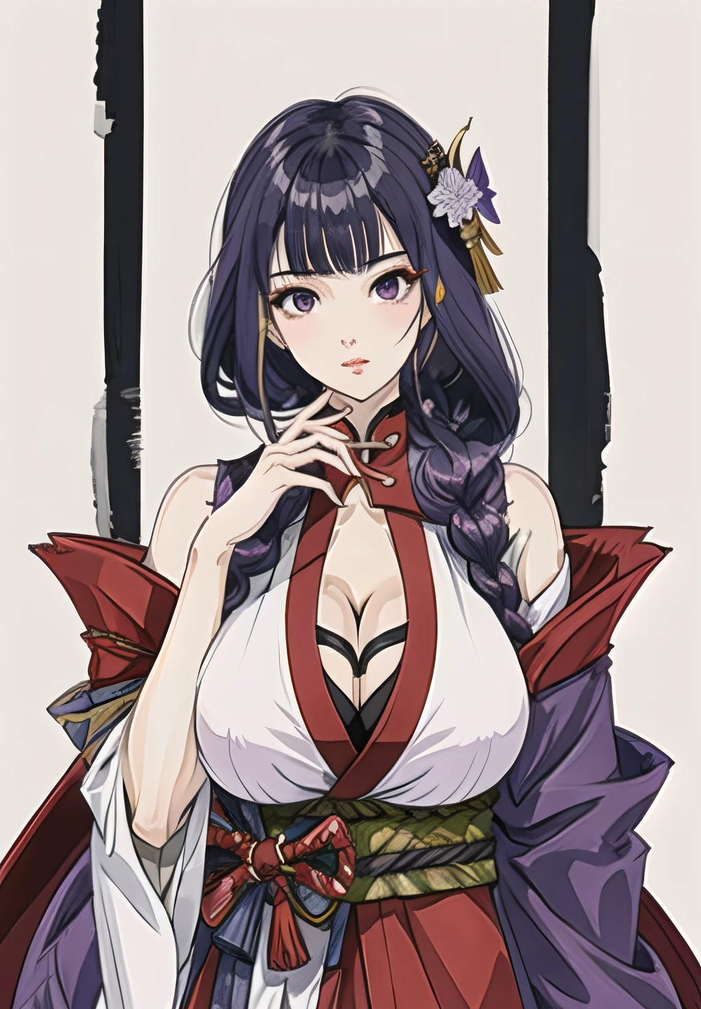 raiden shogun, large breasts, sideboob, (bare legs:1.8), japanese clothes, thick thighs, purple hair, long hair, genshin impact, looking at viewer, mihoyo, raiden mei \(herrscher of thunder\),, hair between eyes, 1girl, solo, (raiden shogun:1.4), purple hair, purple eyes, bangs, braid, braided ponytail, breasts , hair ornament, japanese clothes,symmetry eyes, (ulzzang-6500:0.7), upper body, (solo:1.2), (japan city:1.1), cleavage, (hand on lips:1.1),(gigantic_breasts:1.3),breast sucking, thighhighs,
