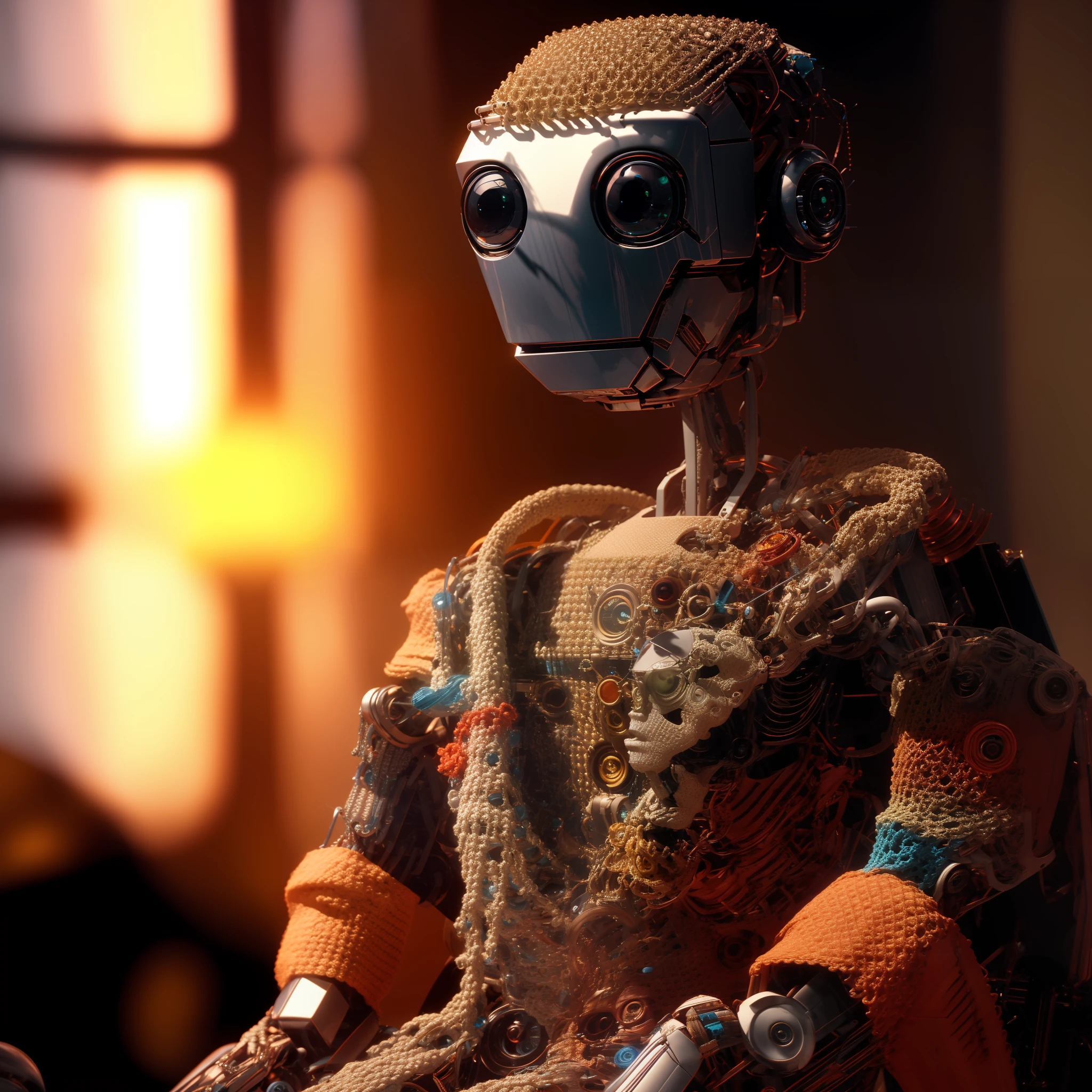 there is a robot that is sitting with a colorful crochet blouse and a choche burrow, detailed humanoid, robot photography, vivec robot, the mekanik doll, droid, inspired by E. T. A. Hoffmann, humanoid character, integrated synthetic android, render 3d 8k octan, cute humanoid robot, humanoid robot, close-up of a sitting robot, fashion photography, fashion