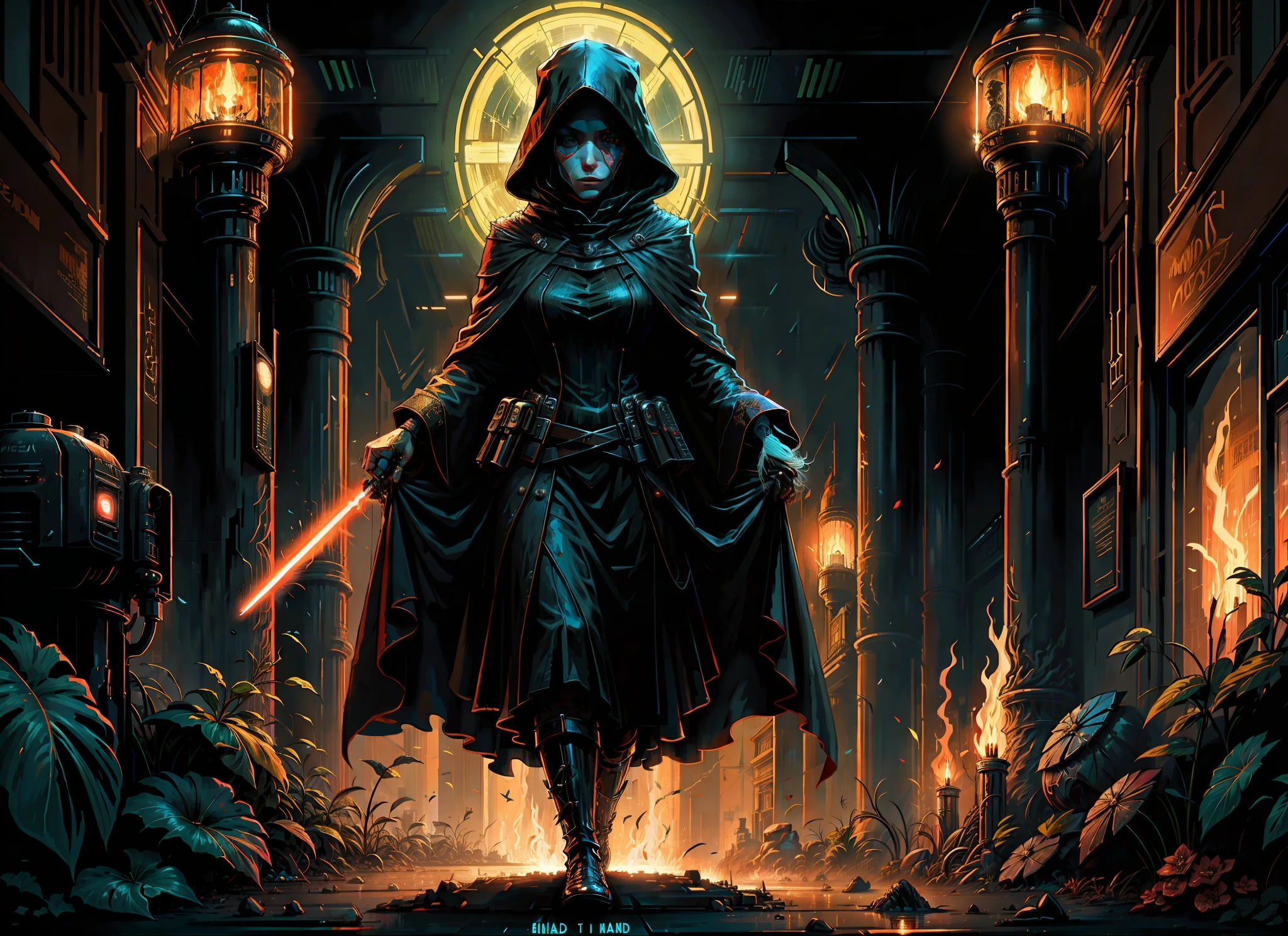 A cinematic poster for the film shows a blonde woman wearing a black hooded cloak reminiscent of a Sith from the Star Wars movie, holding two red lightsabers, inside a Death Star spaceship