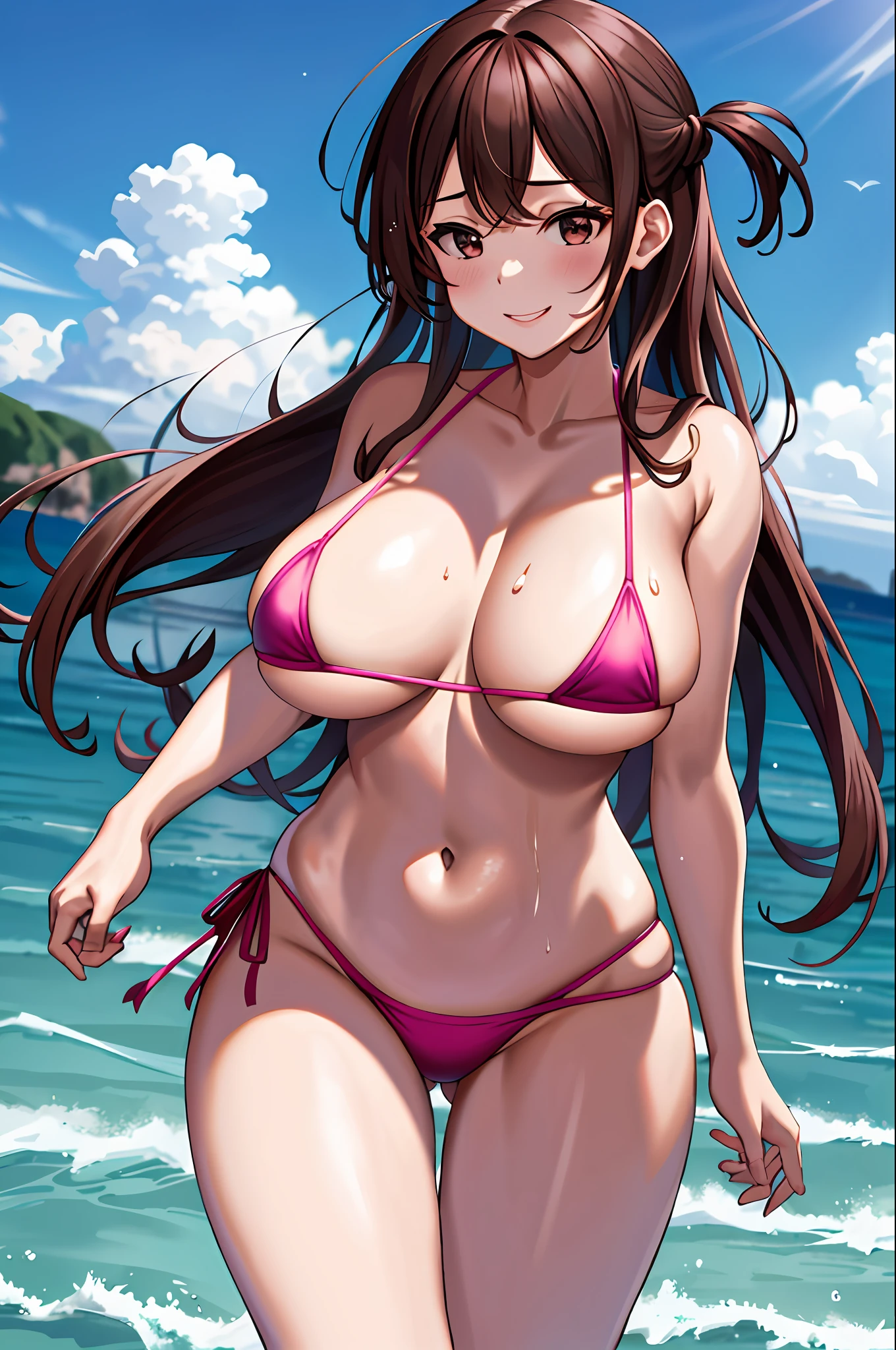 masterpiece, top quality, high resolution, chi1, one girl, one side up, solo, (pink micro bikini, white lines on the outside), navel, collarbone, side tie bikini bottom, (gigantic breasts), bangs, cleavage, beach, dynamic action, smile, wet, sea, background blur, underboob, sideboob, wide hips, flirting, Thighs