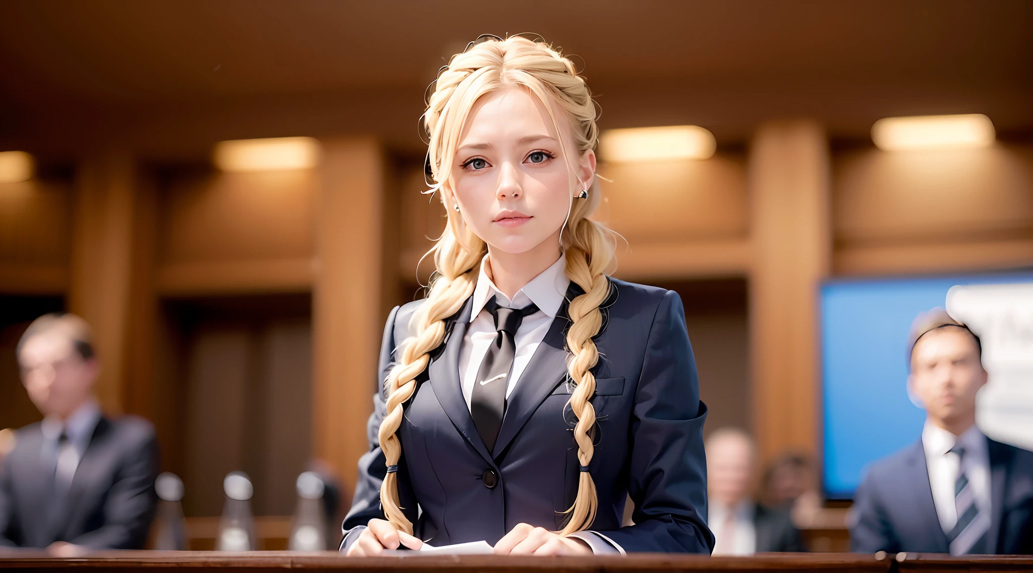 ((High quality)),((Masterpiece)),1 girl,31 year old,German politician, long blonde hair neatly tied back, braided from front to back, dressed in a neat suit,Press conference behind the podium,seriously,in the press room