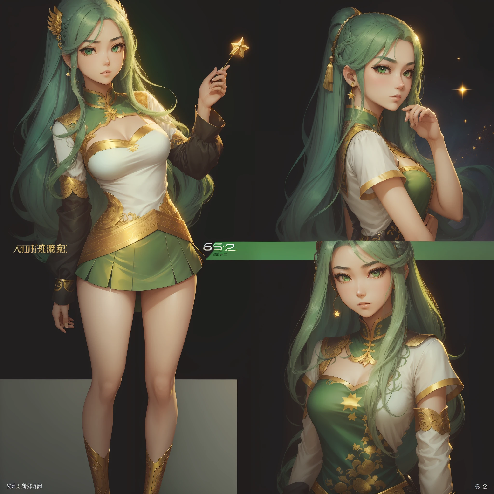 ((masterpiece)),(((best quality)),(character design sheet, same character, front, side, full body back, illustration, 1 woman, green hair color, long hair past knees, fax combed, eyes, ambient change scene, Fax, Zitai pose, Female, Shangyi Shirt, Star, Charturnbetalora, (simple background, and gold : 1.3), --6 --auto --s2