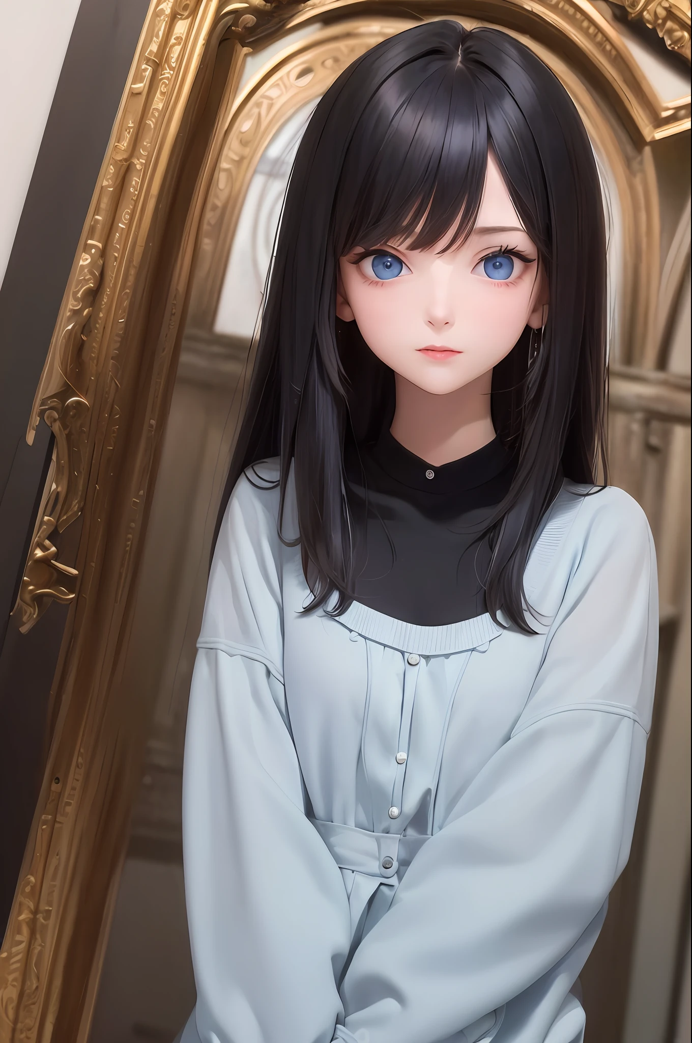 "((masterpiece)), best quality, black hair, blue eyes, look up, (upper body),":