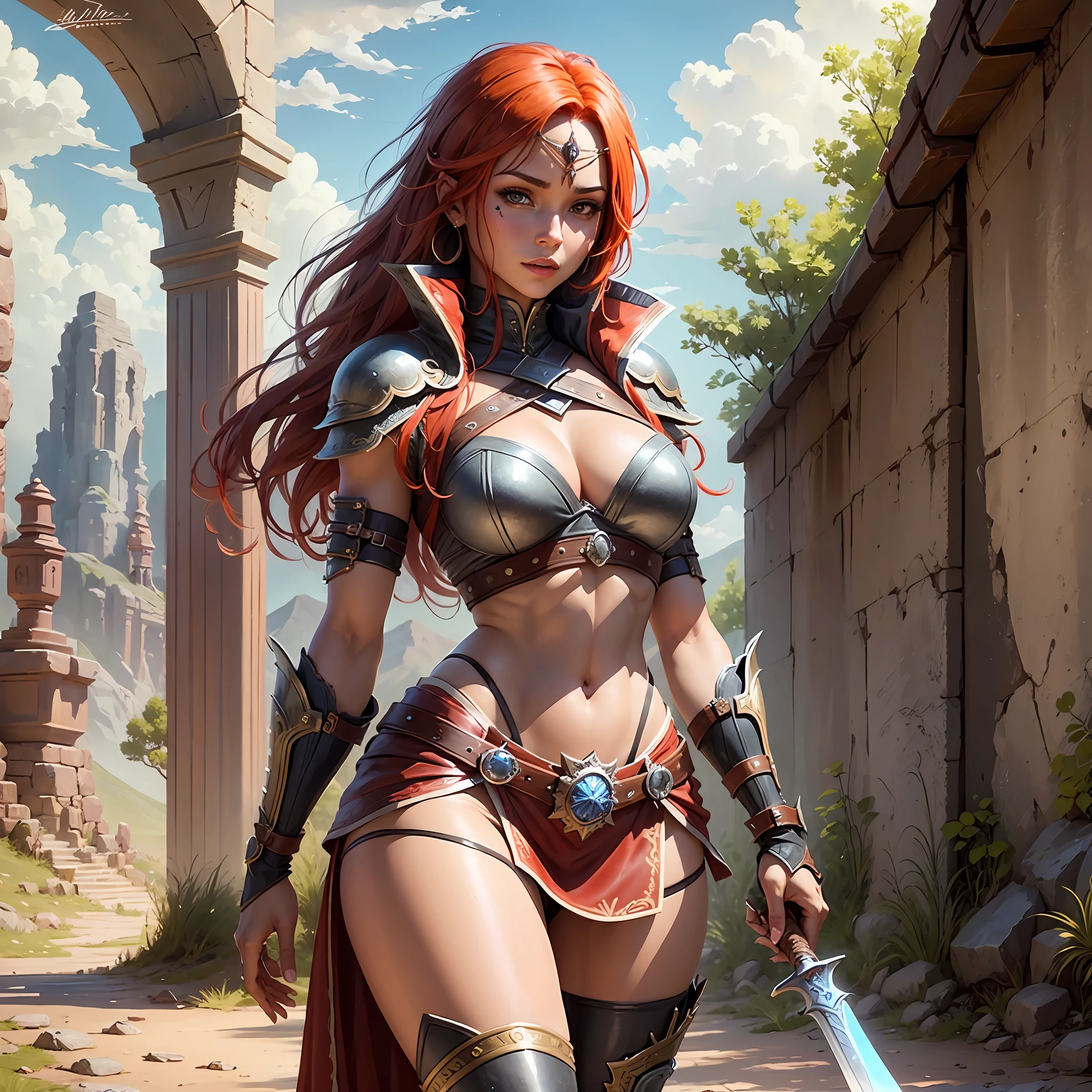 Fantasy-style worldview. She is a female warrior with red hair and brown skin, about 165 cm tall and dressed in revealing leather equipment, a warrior with short skirts, sexy beauties, and skilled swordsmanship. A beautiful woman with a strong and cheerful impression. You're walking through a desolate wilderness and they notice you, the viewer, and walk towards you. --auto --s2