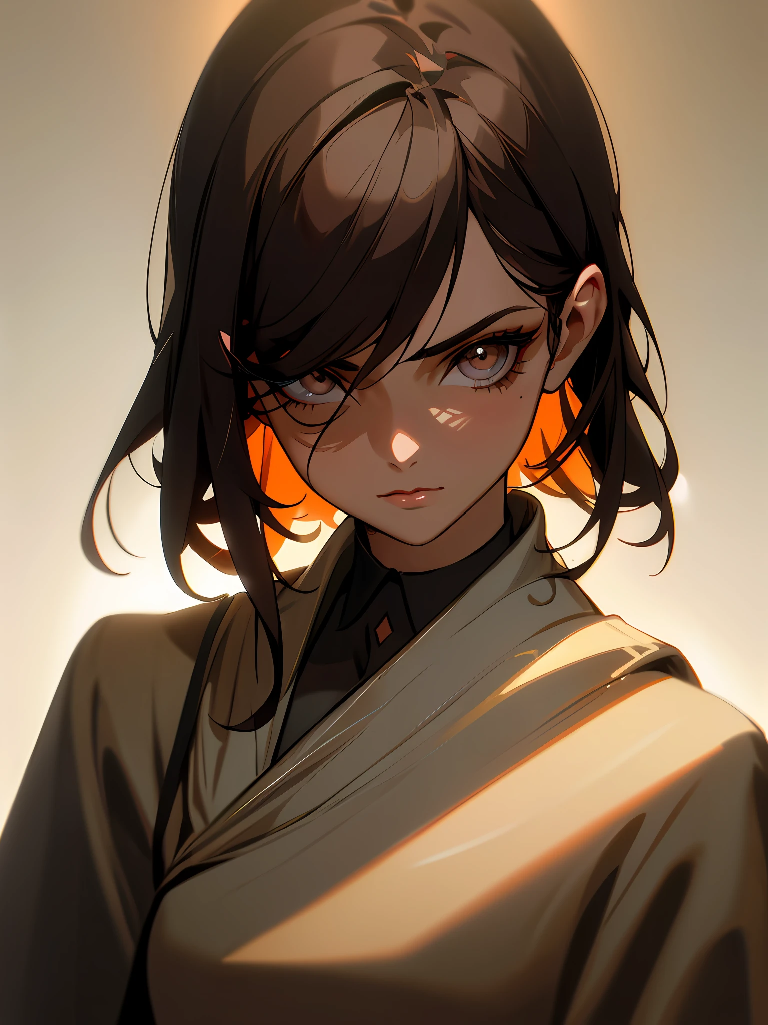 Masterpiece, Superb clothes, (Fashionable clothes), (Illustration), (((Featured eyes)), ((Beautiful person)), (Russian mill style), Fashion, Elegant clothing, (Serious look), (Tanned skin), (Dark circles),(dark hair), (Studio light), Cute, Bar, Toast, Trendy, Dark gray,, Close Up,,(Chiaroscuro)), Fine face details, Facial details, Cinematic lighting, (Depth of field), UHD, (Upper body), Bright background appearance,