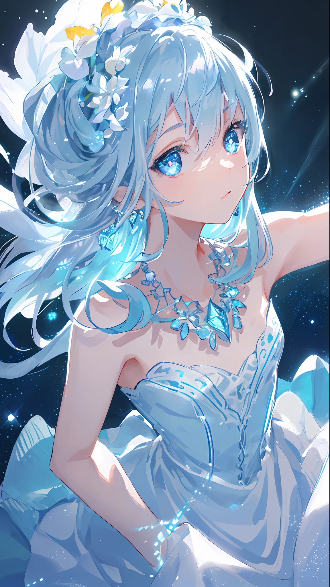 masterpiece, best quality, illustration, sax blue, platinum earrings, platinum necklace, white dress, 1girl, cute, (dynamic lighting:1.2), cinematic lighting, delicate facial features, detailed eyes, sharp pupils, realistic pupils, depth of field, bokeh, sharp focus, (hyper-detailed, bloom, glow:1.4), many small gems