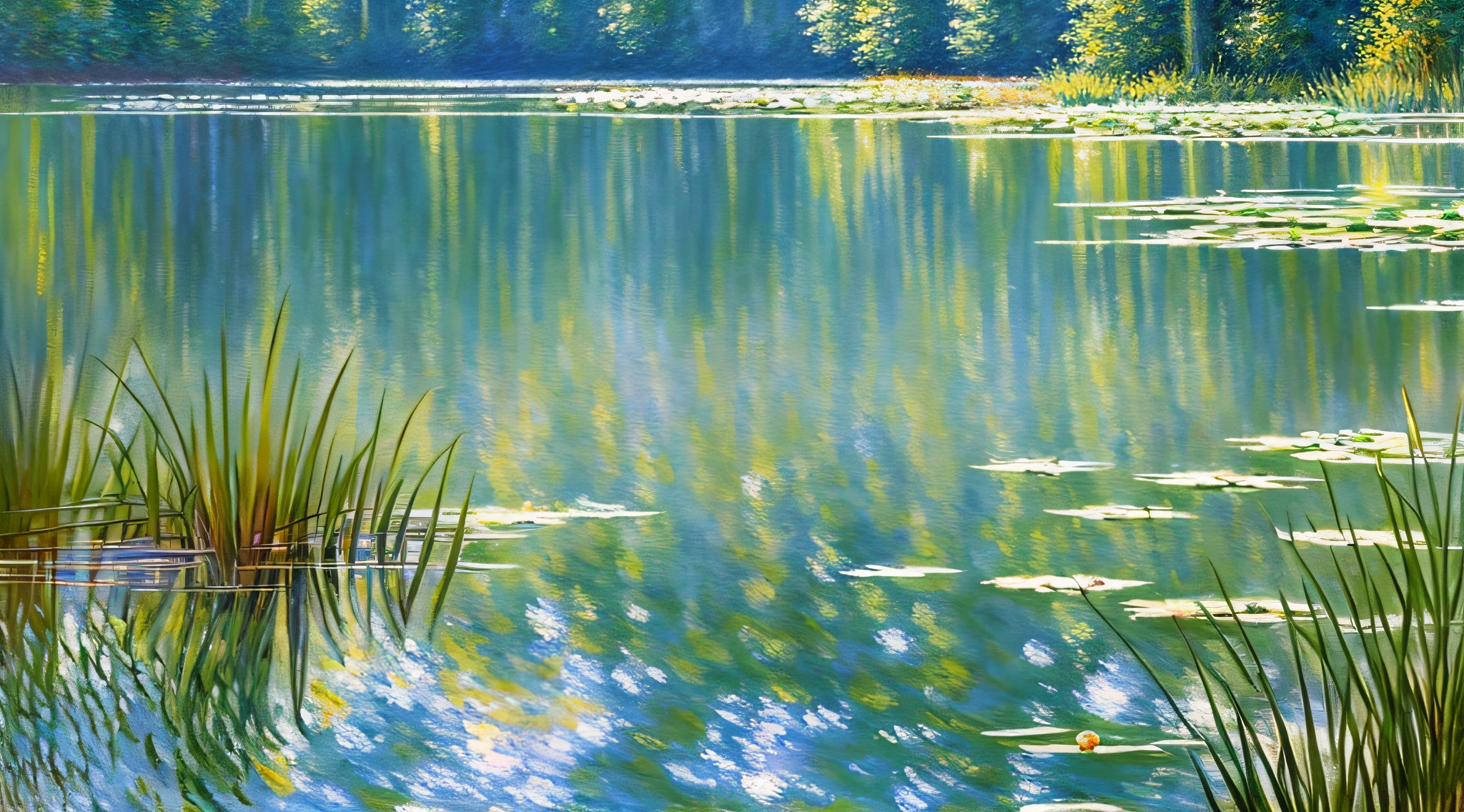 Reproduction of Monet style, summer, lake, dawn, forest, detailed forest, clouds, masterpiece, film, soft light, depth of field, ray tracing, reflections in water, realism, ural detail, oil painting --auto --s2