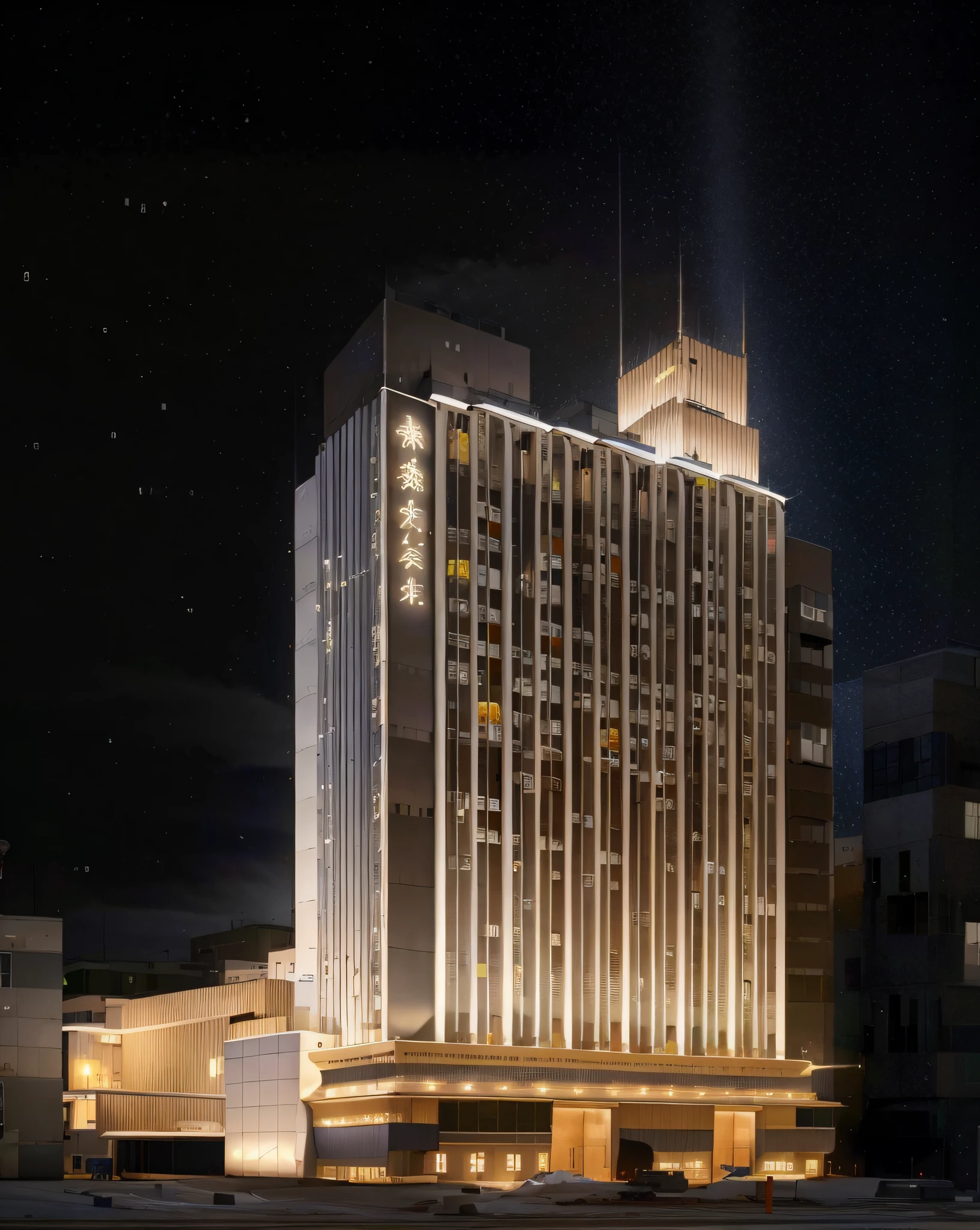 nighttime view of a large building with a lot of windows, hq render, night time render, photo from 2022, mantra rendering, exterior shot, rendering, architectural rendering, sharp hq rendering, photo render, rendered in corona, final render, full - view, night view, beautiful render of tang dynasty, inspired by Katsushika Ōi, architectural render