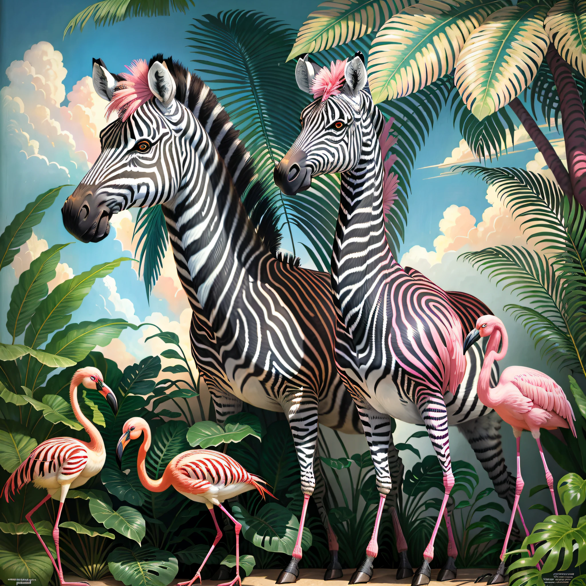 zebra and flamingos in the jungle with palm trees and flowers, jim warren, tropical, by Susan Heidi, tropical paradise, by David B. Mattingly, by Wayne England, by Joe Jusko, amazing background, tropical birds, wildlife illustration, by Richard Mayhew, by Ron Walotsky, hildebrandt, filled with fauna, tropical atmosphere --auto --s2