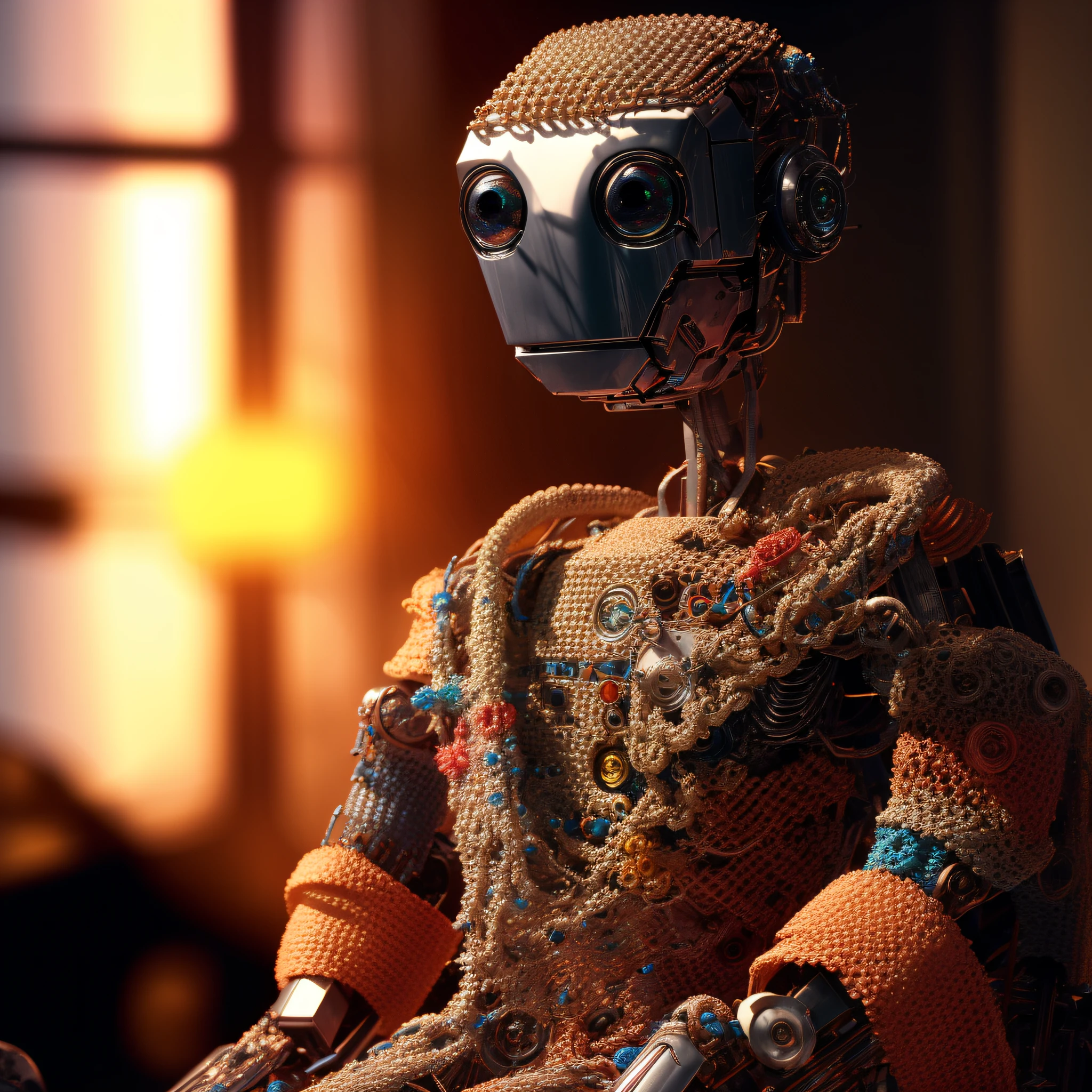 there is a robot that is sitting with a colorful crochet blouse and a choche burrow, detailed humanoid, robot photography, vivec robot, the mekanik doll, droid, inspired by E. T. A. Hoffmann, humanoid character, integrated synthetic android, render 3d 8k octan, cute humanoid robot, humanoid robot, close-up of a sitting robot, fashion photography,  fashion