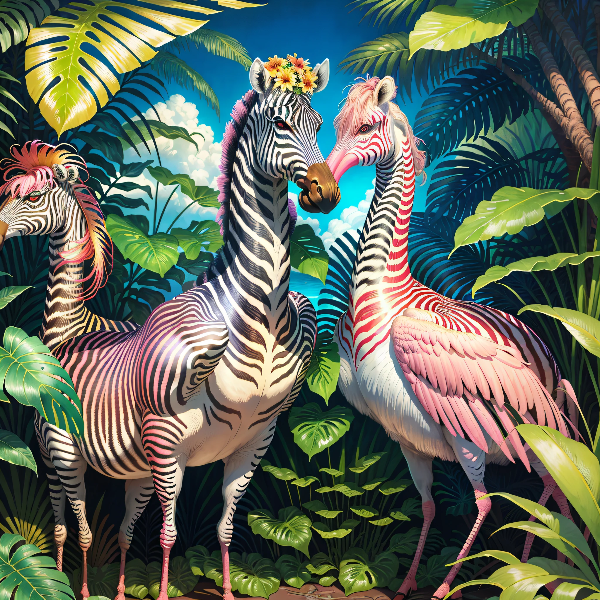 zebra and flamingos in the jungle with palm trees and flowers, jim warren, tropical, by Susan Heidi, tropical paradise, by David B. Mattingly, by Wayne England, by Joe Jusko, amazing background, tropical birds, wildlife illustration, by Richard Mayhew, by Ron Walotsky, hildebrandt, filled with fauna, tropical atmosphere --auto --s2
