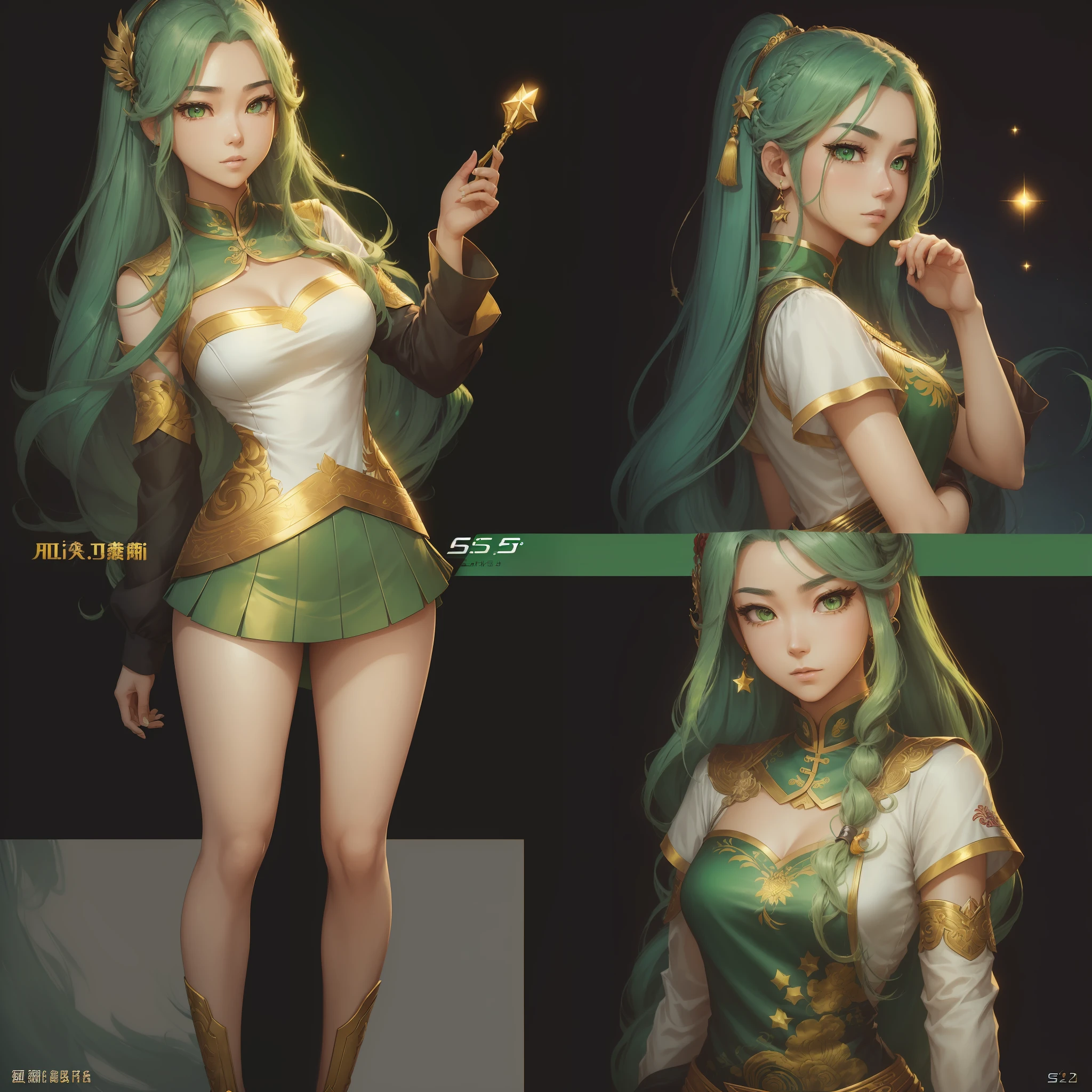 ((masterpiece)),(((best quality)),(character design sheet, same character, front, side, full body back, illustration, 1 woman, green hair color, long hair past knees, fax combed, eyes, ambient change scene, Fax, Zitai pose, Female, Shangyi Shirt, Star, Charturnbetalora, (simple background, and gold : 1.3), --6 --auto --s2