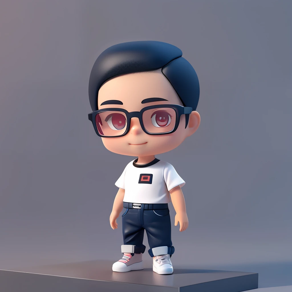 a  male Fashion designer , 35-years-old, huge head, short airplane hair, super short hair，smile with very deep dimples，fit, wearing Black Square Myopia Glasses, Wear white T-shirt and dark blue jeans and black running shoes，Toy figures, best quality, 3d cartoon，full body view, fantasy, dreamlike, surrealism, super cute, trending on artstation,