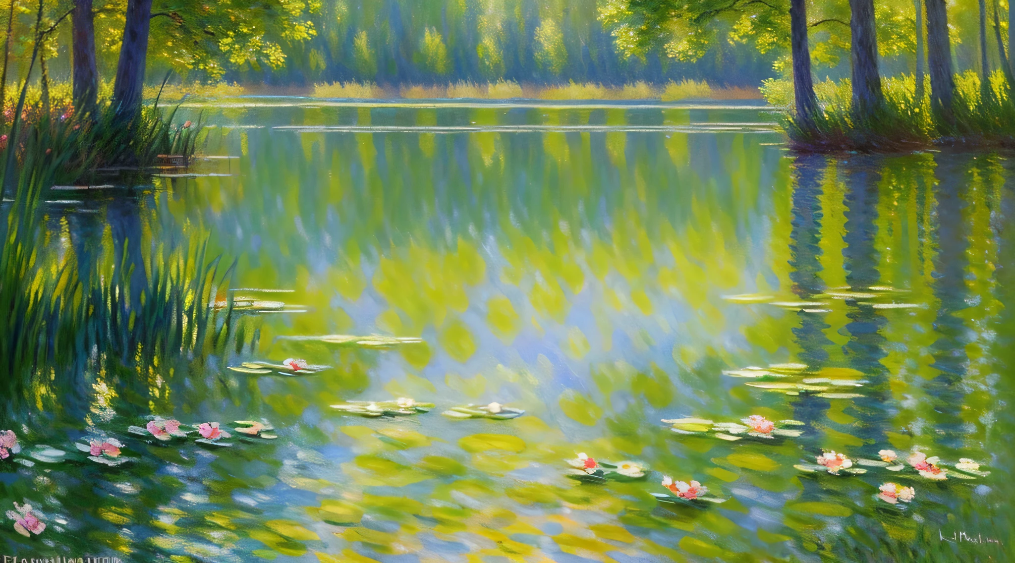 Reproduction of Monet style, summer, lake, dawn, forest, detailed forest, clouds, masterpiece, film, soft light, depth of field, ray tracing, reflections in water, realism, ural detail, oil painting --auto --s2