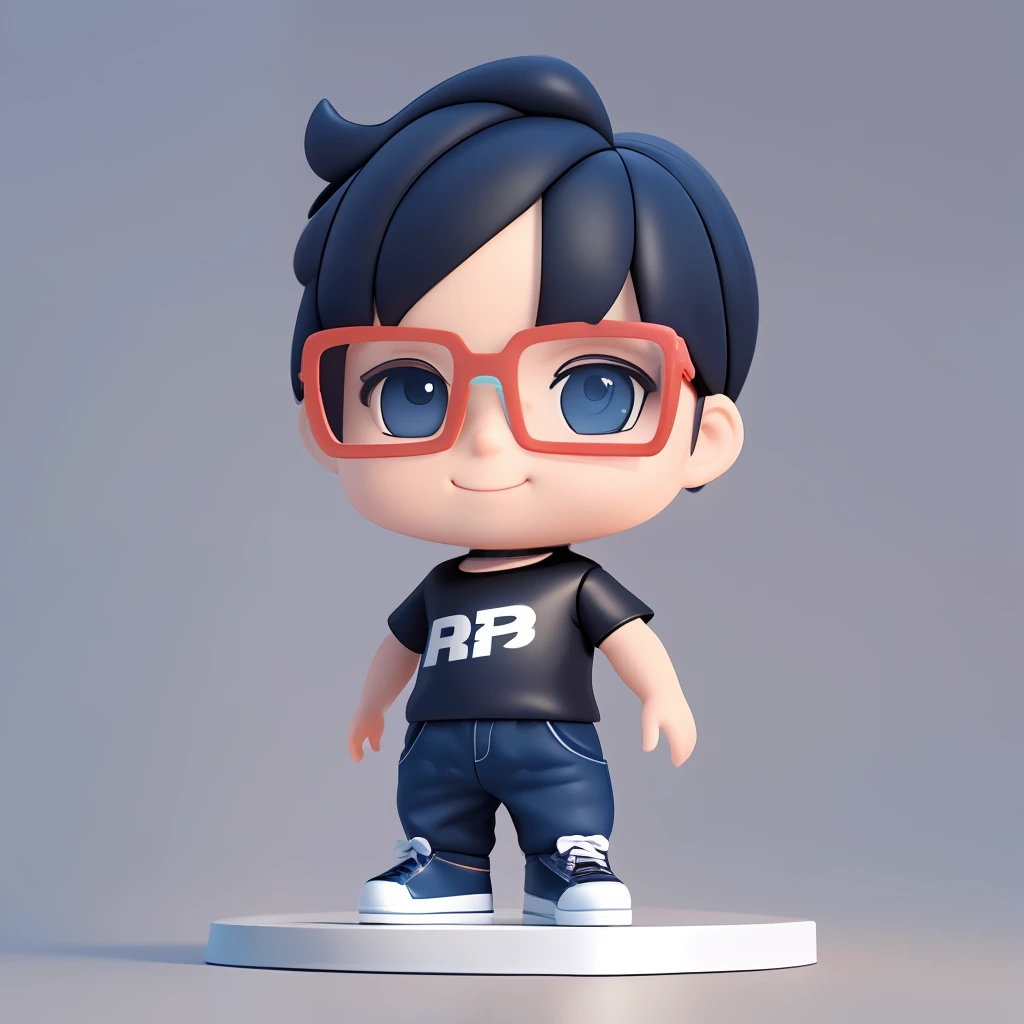 a male Fashion designer , 35-years-old, huge head, short airplane hair, super short hair,smile with very deep dimples,fit, wearing Black Square Myopia Glasses, Wear white T-shirt and dark blue jeans and black running shoes,Toy figures, best quality, 3d cartoon,full body view, fantasy, dreamlike, surrealism, super cute, trending on artstation,