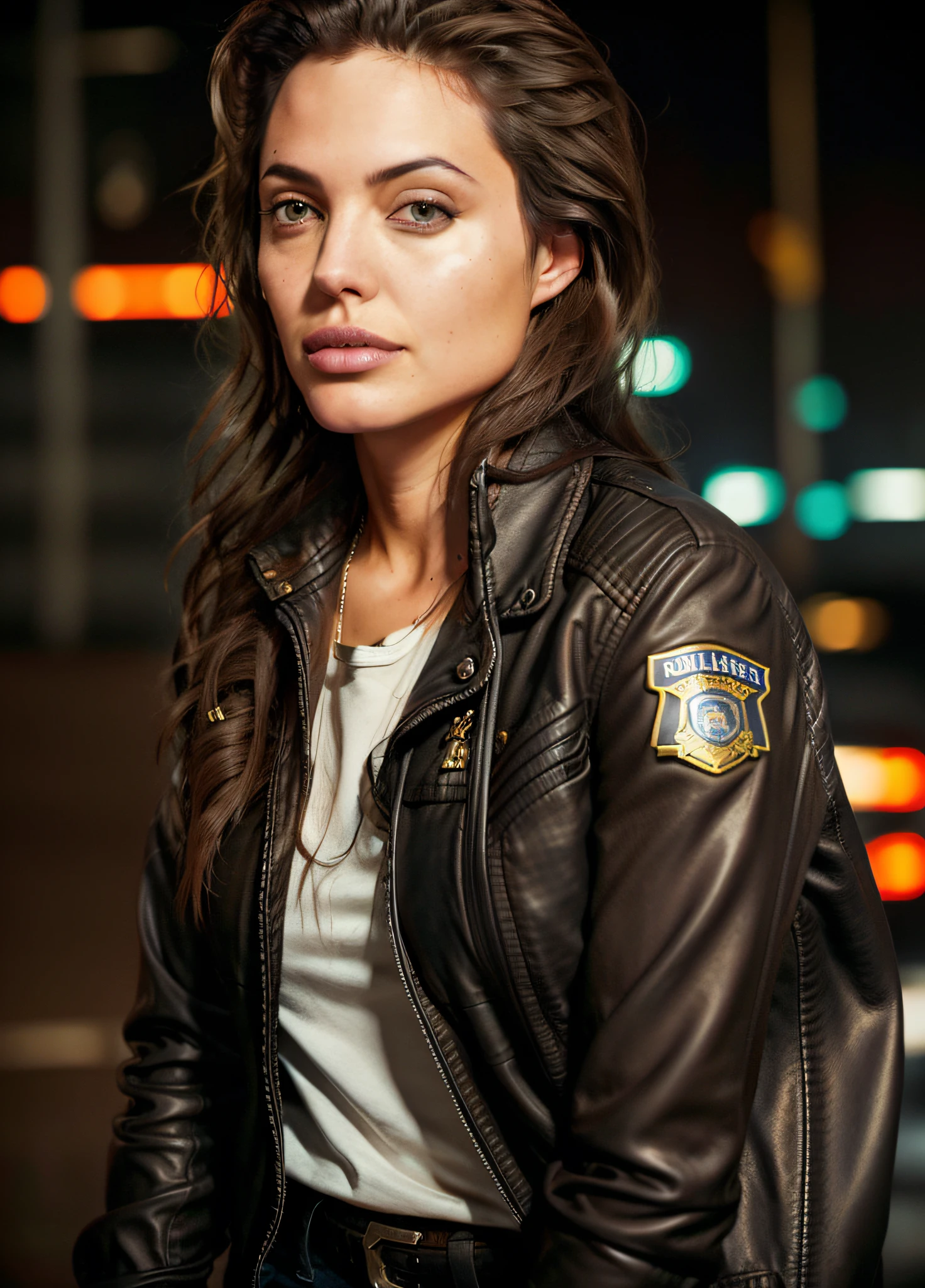Portrait of anjo as a beautiful female model, georgia fowler, beautiful face, with short dark brown hair, in cyberpunk city at night. She is wearing a leather jacket, black jeans, dramatic lighting, (police badge:1.2)