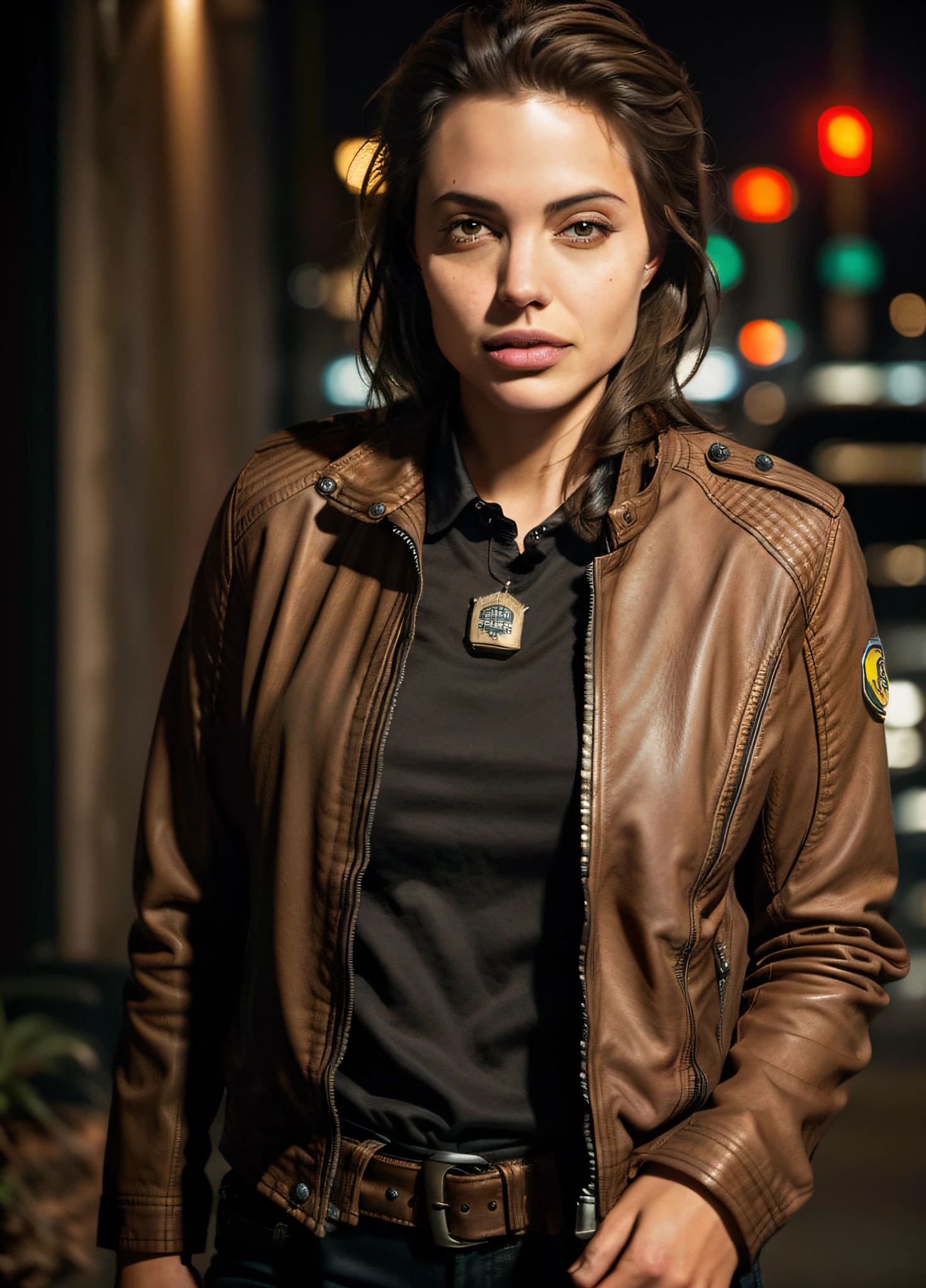 Portrait of anjo as a beautiful female model, georgia fowler, beautiful face, with short dark brown hair, in cyberpunk city at night. She is wearing a leather jacket, black jeans, dramatic lighting, (police badge:1.2)