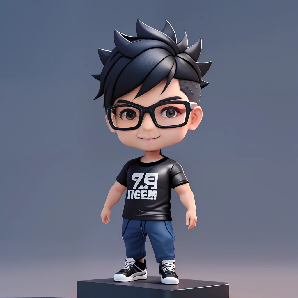 a male asian Fashion designer , 45-years-old, short spiky haircut，smile with very deep dimples，fit, slim, wearing Black Square Myopia Glasses, Wear black T-shirt and dark blue jeans and black running shoes，best quality, 3d cartoon，full body view, fantasy, dreamlike, surrealism, super cute, trending on artstation