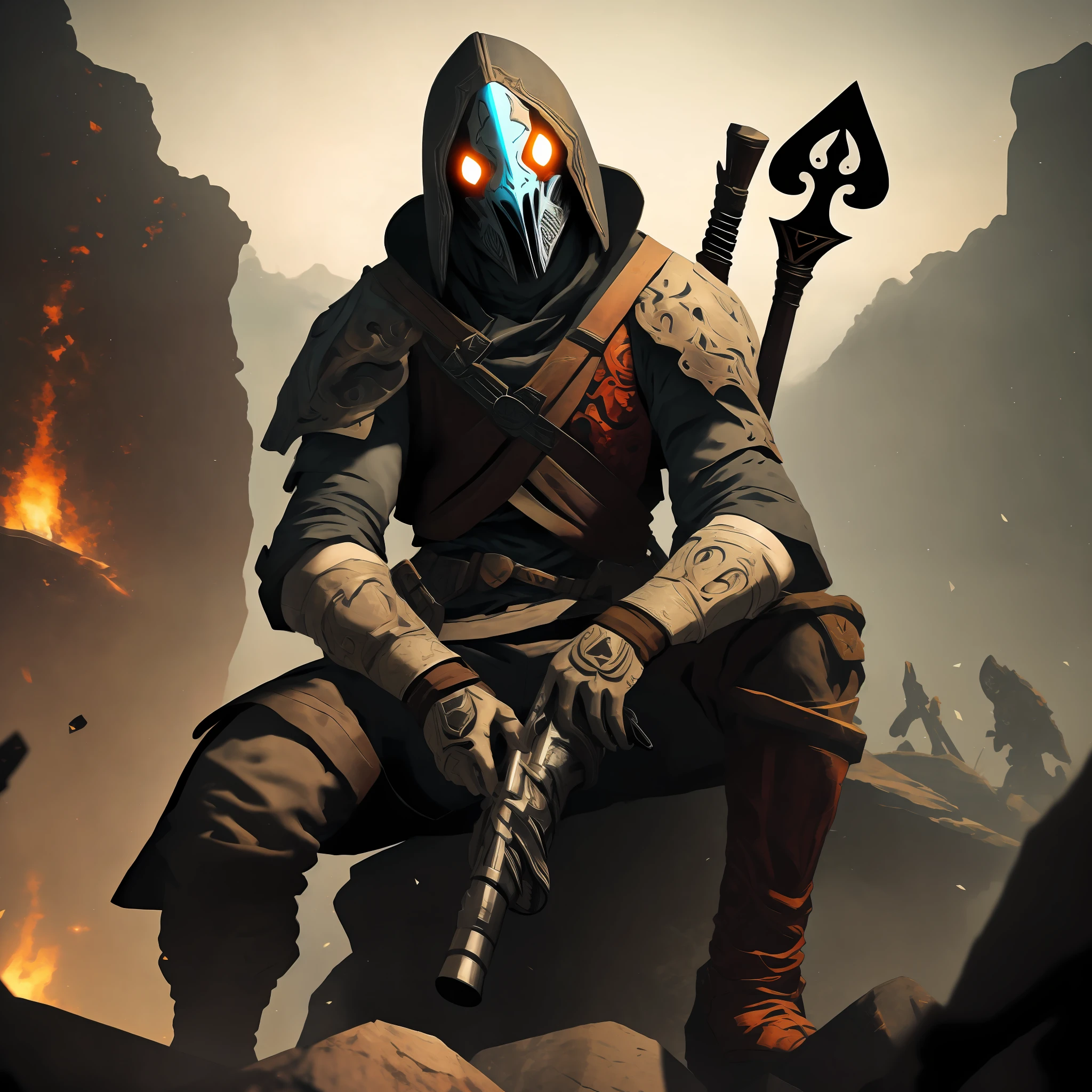 Male. Cayde-6 of destination 2. Sitting on a rock holding hand cannon ace of spades. Destiny 2nd game. Background destroyed. Dramatic light. Dark.