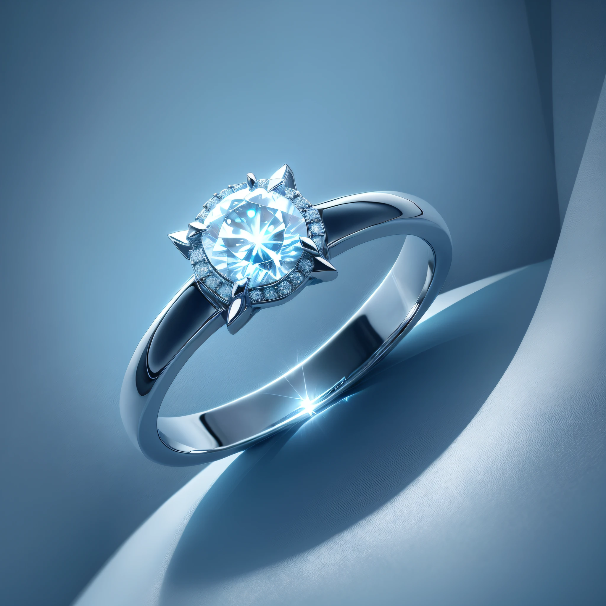a close up of a diamond ring on a blue background, engagement ring ads, magic ring with a diamond, beautiful and elegant, ring lit, ring flash closeup photograph, beautiful detailed elegant, the ring is horizontal, diamond, exquisite fine details, very beautiful and elegant, platinum jewellery, pristine and clean design, sparkling, precious gems, is a stunning